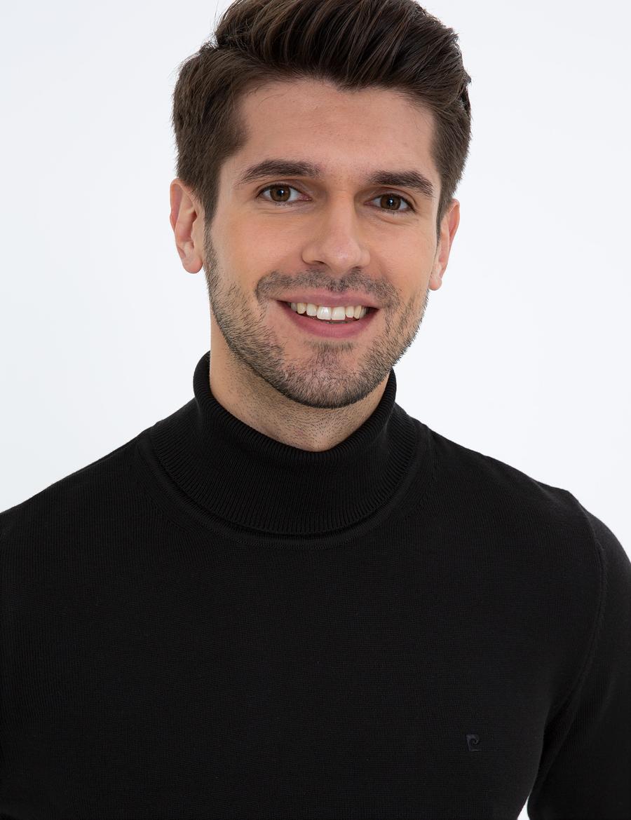 Siyah Slim Fit Balıkçı Yaka Basic Triko Kazak