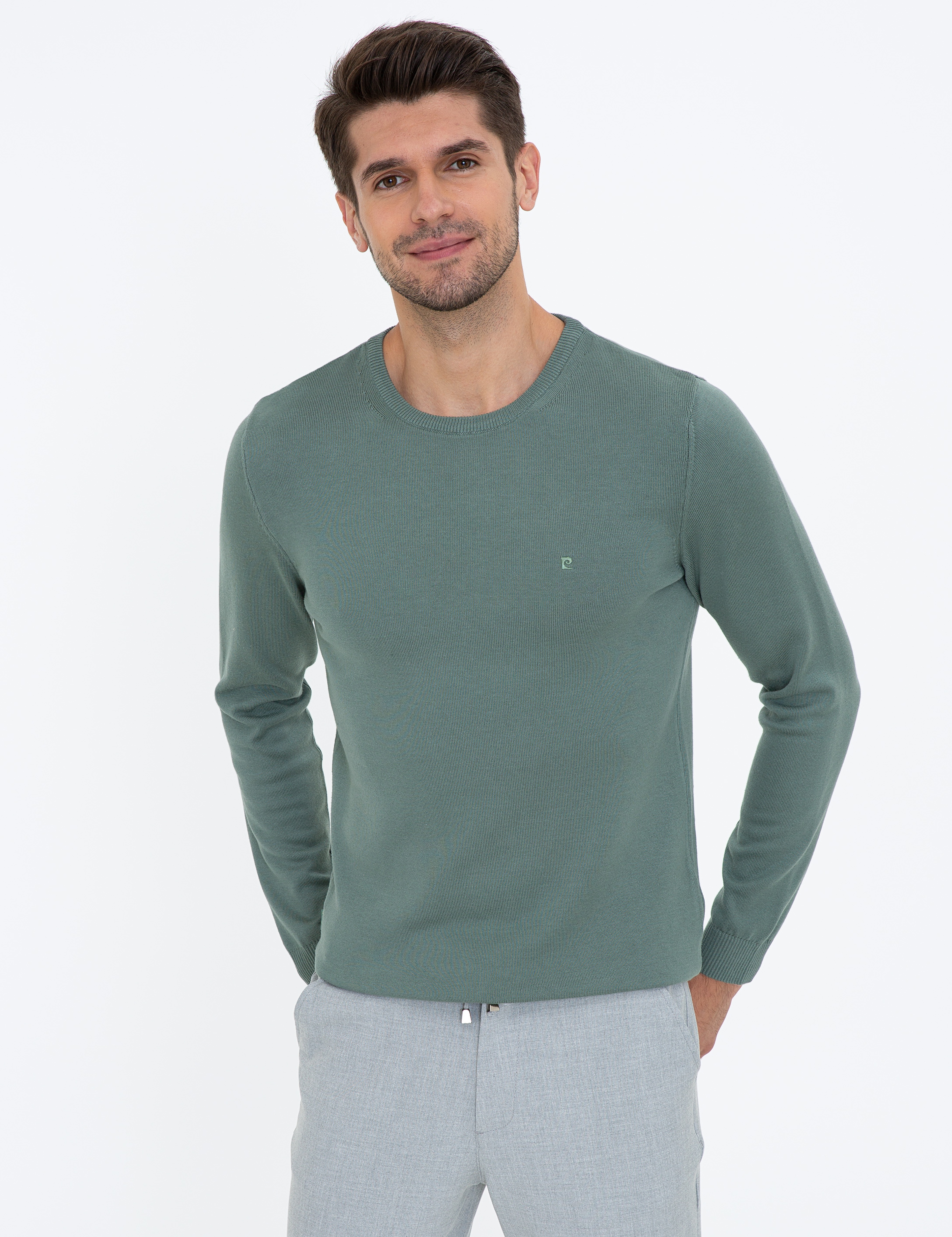 Yeşil Slim Fit Bisiklet Yaka Basic Triko Kazak - Image 1