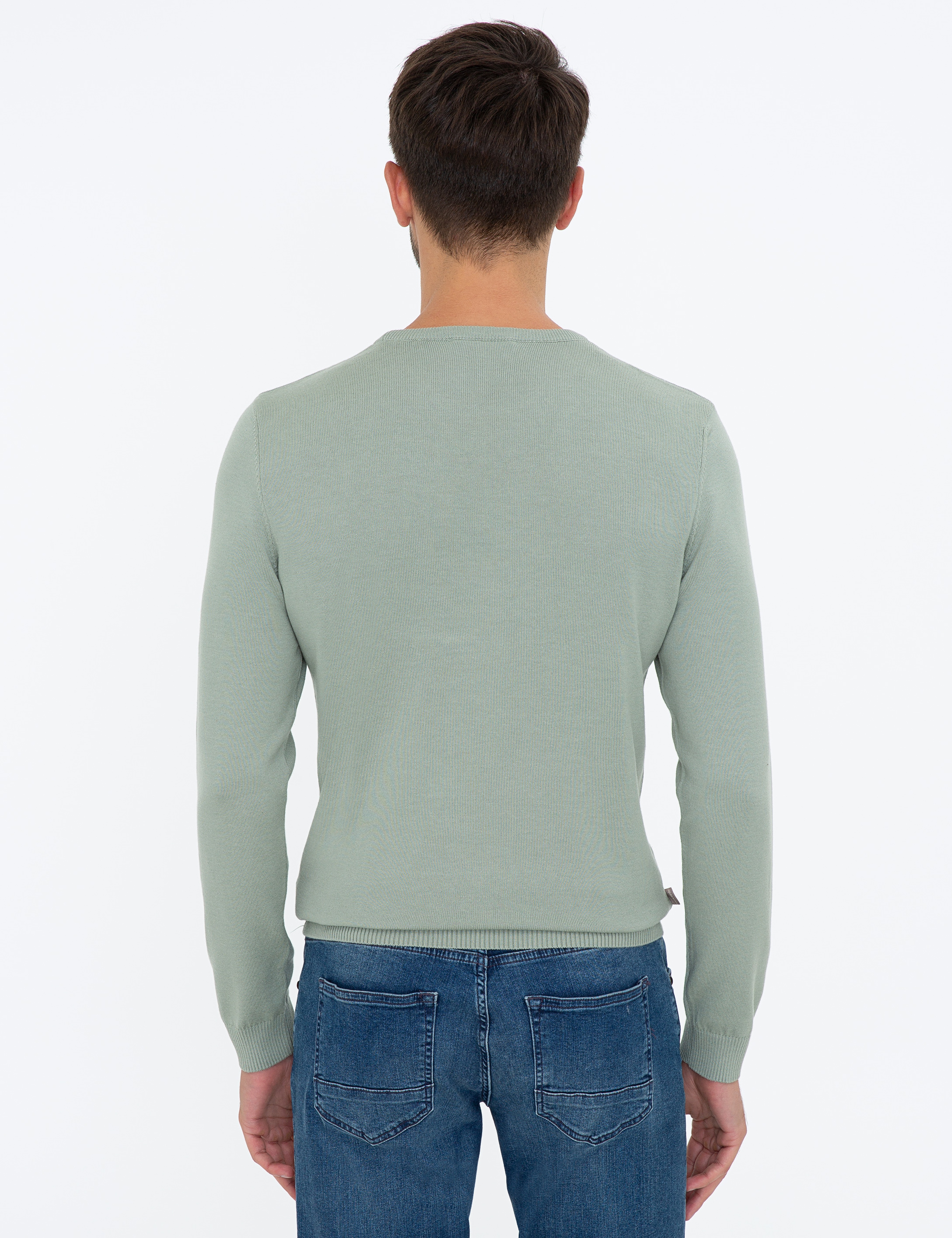 Su Yeşili Slim Fit Bisiklet Yaka Basic Triko Kazak - Image 4
