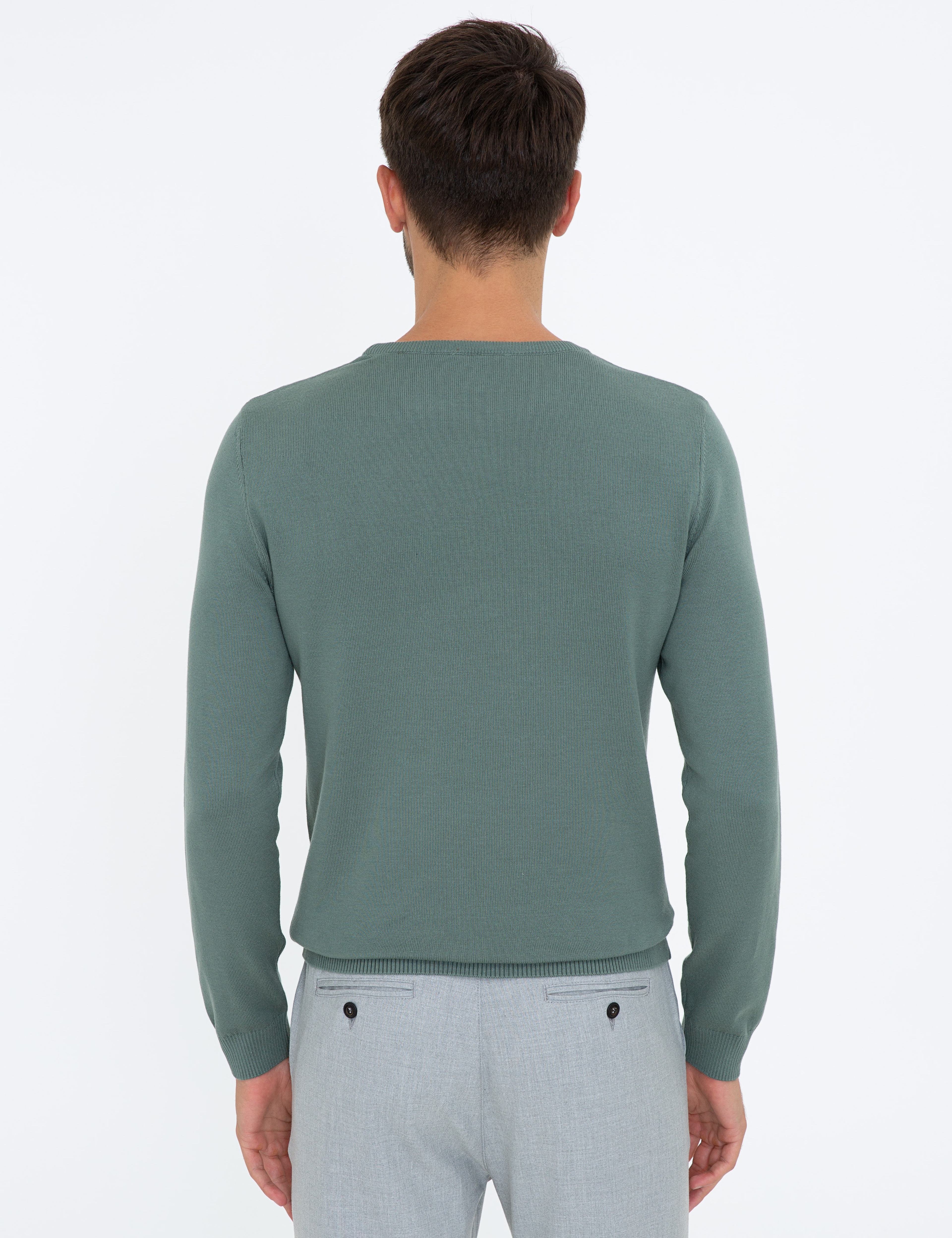 Yeşil Slim Fit Bisiklet Yaka Basic Triko Kazak - Image 4