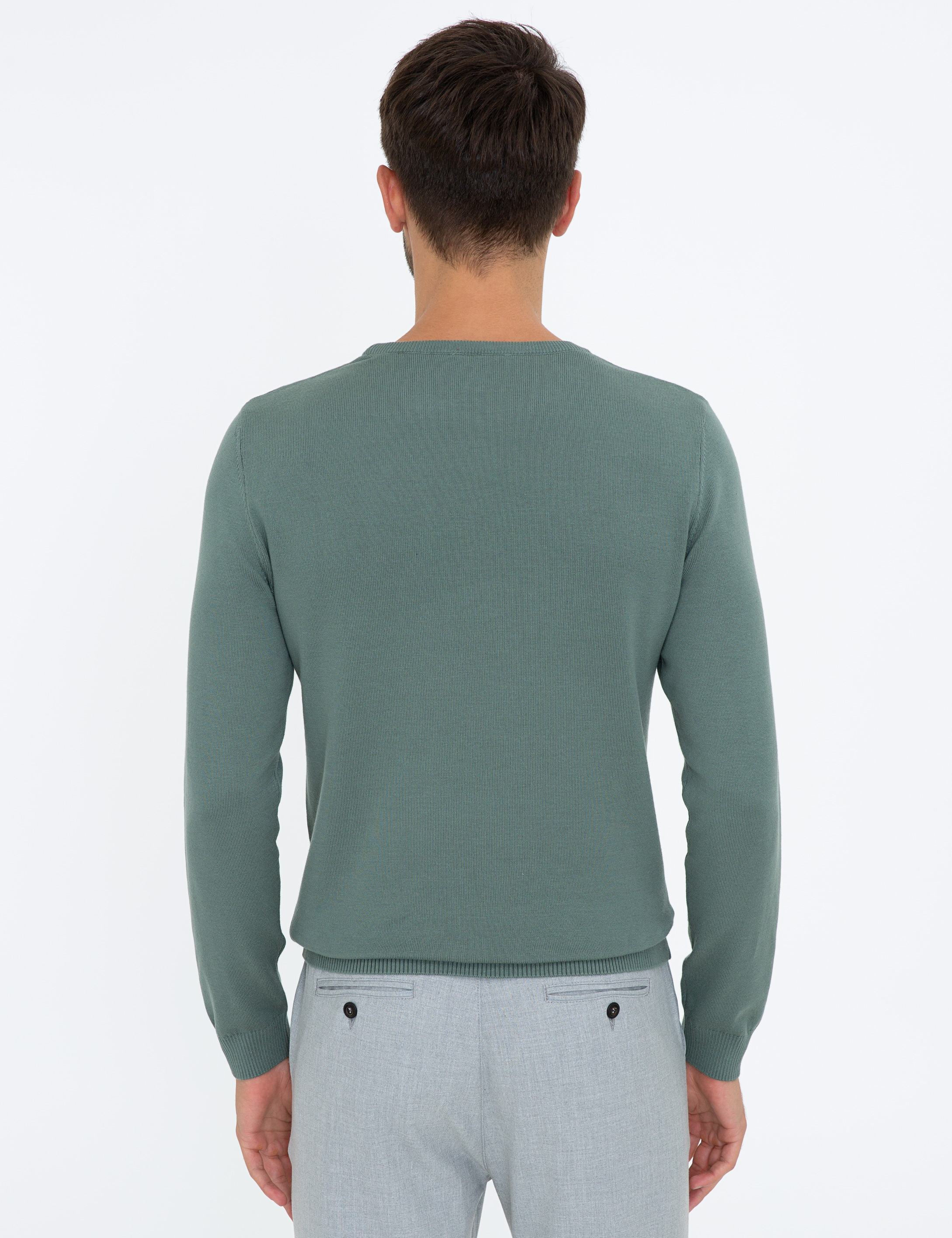 Yeşil Slim Fit Bisiklet Yaka Basic Triko Kazak