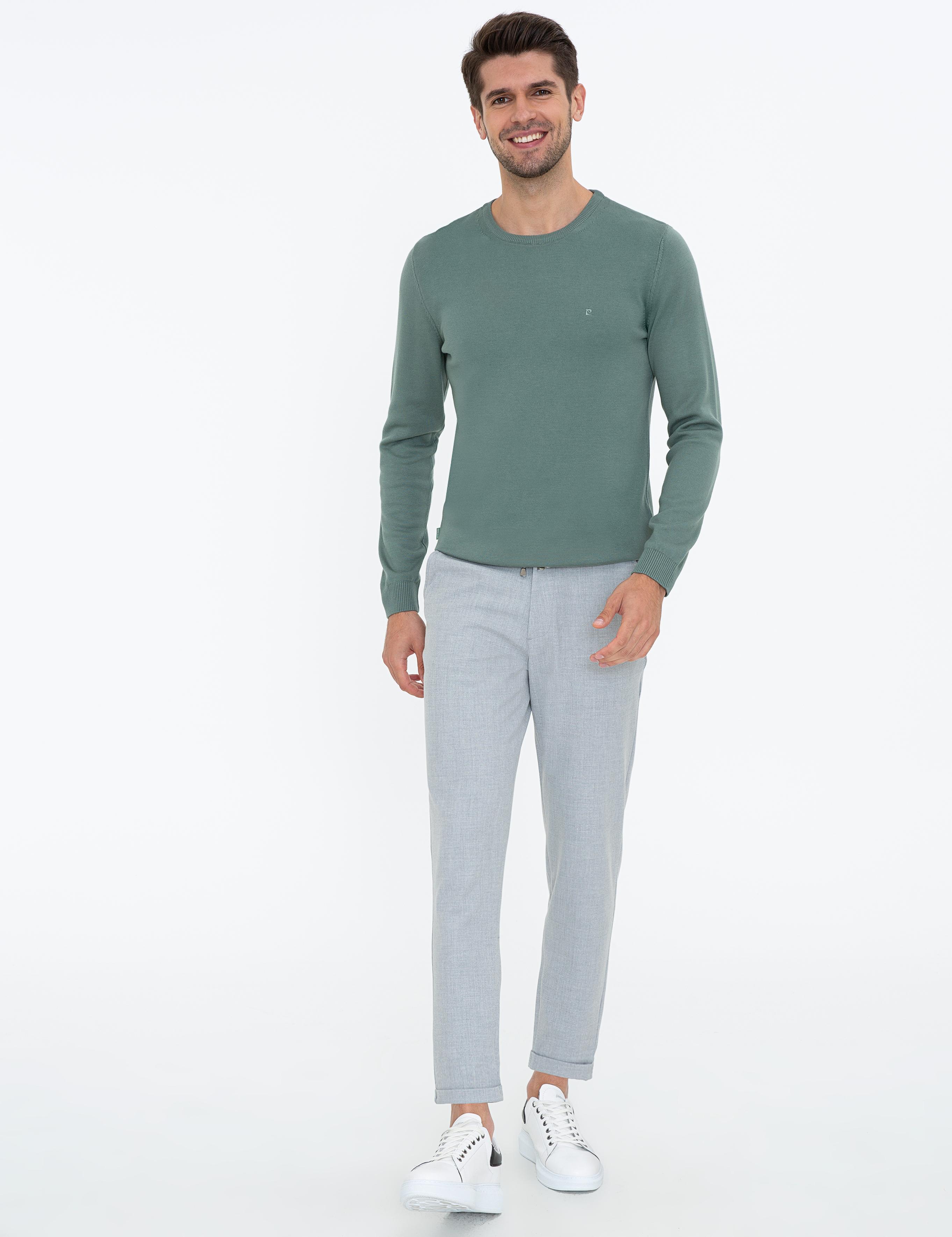 Yeşil Slim Fit Bisiklet Yaka Basic Triko Kazak