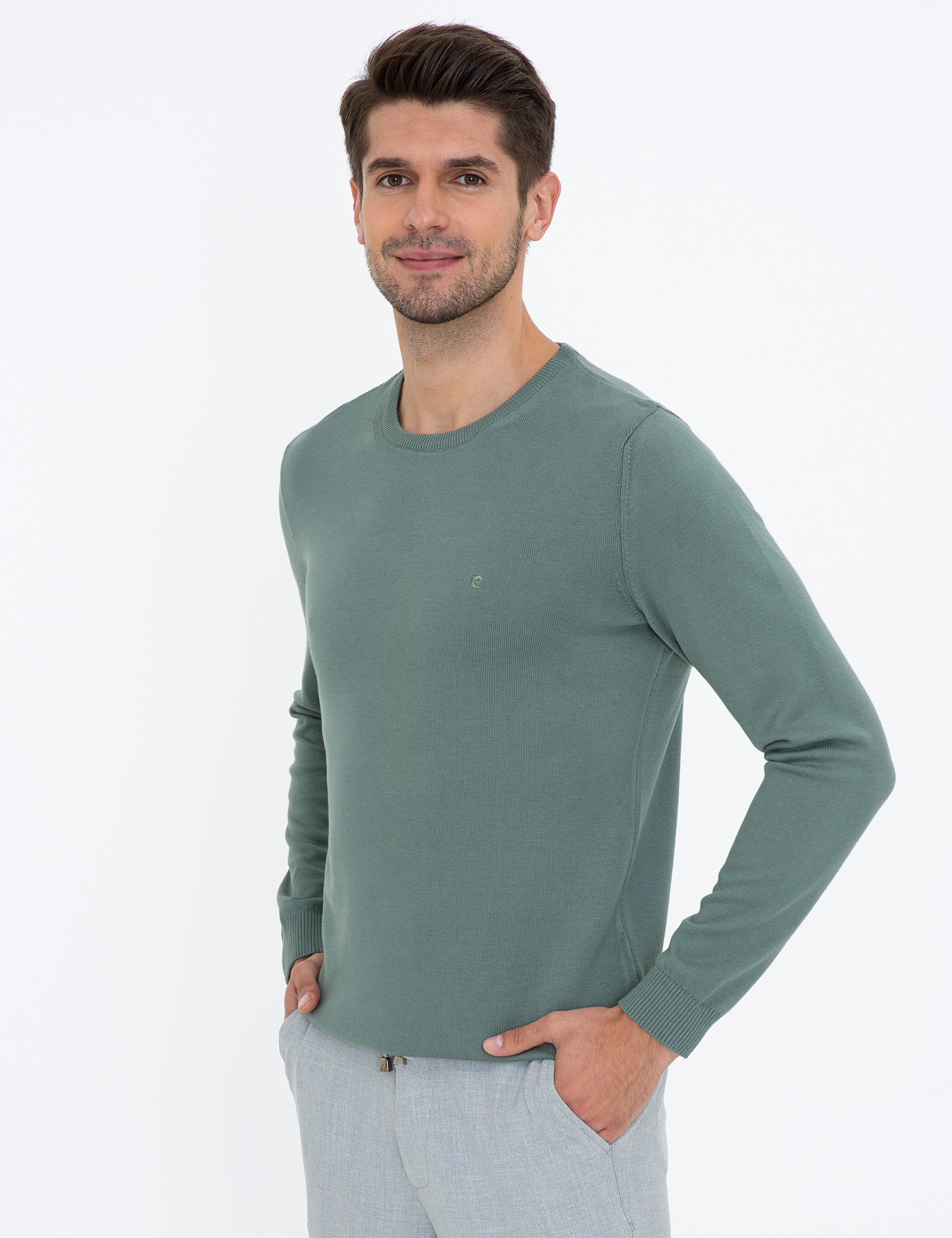Yeşil Slim Fit Bisiklet Yaka Basic Triko Kazak