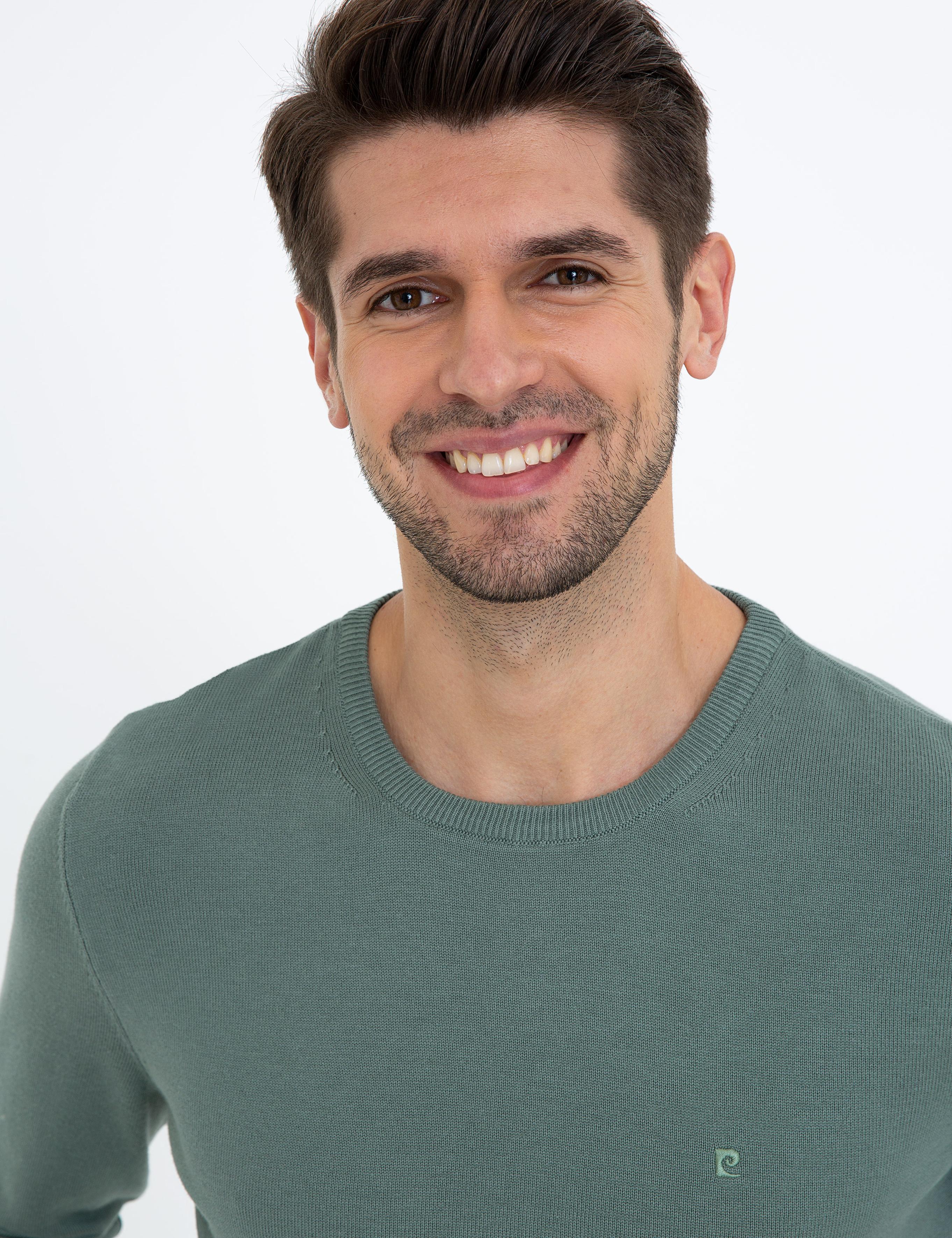 Yeşil Slim Fit Bisiklet Yaka Basic Triko Kazak