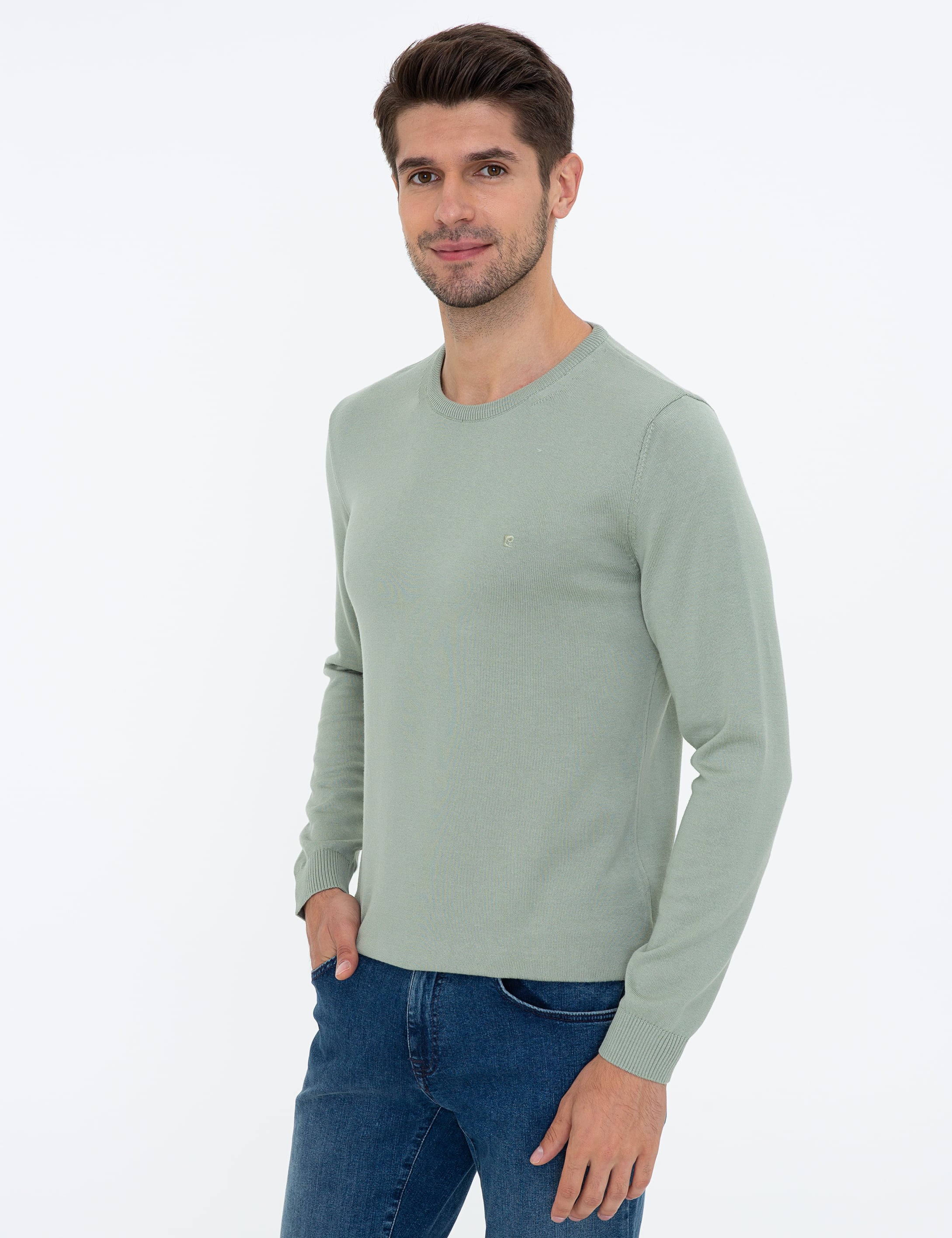 Su Yeşili Slim Fit Bisiklet Yaka Basic Triko Kazak