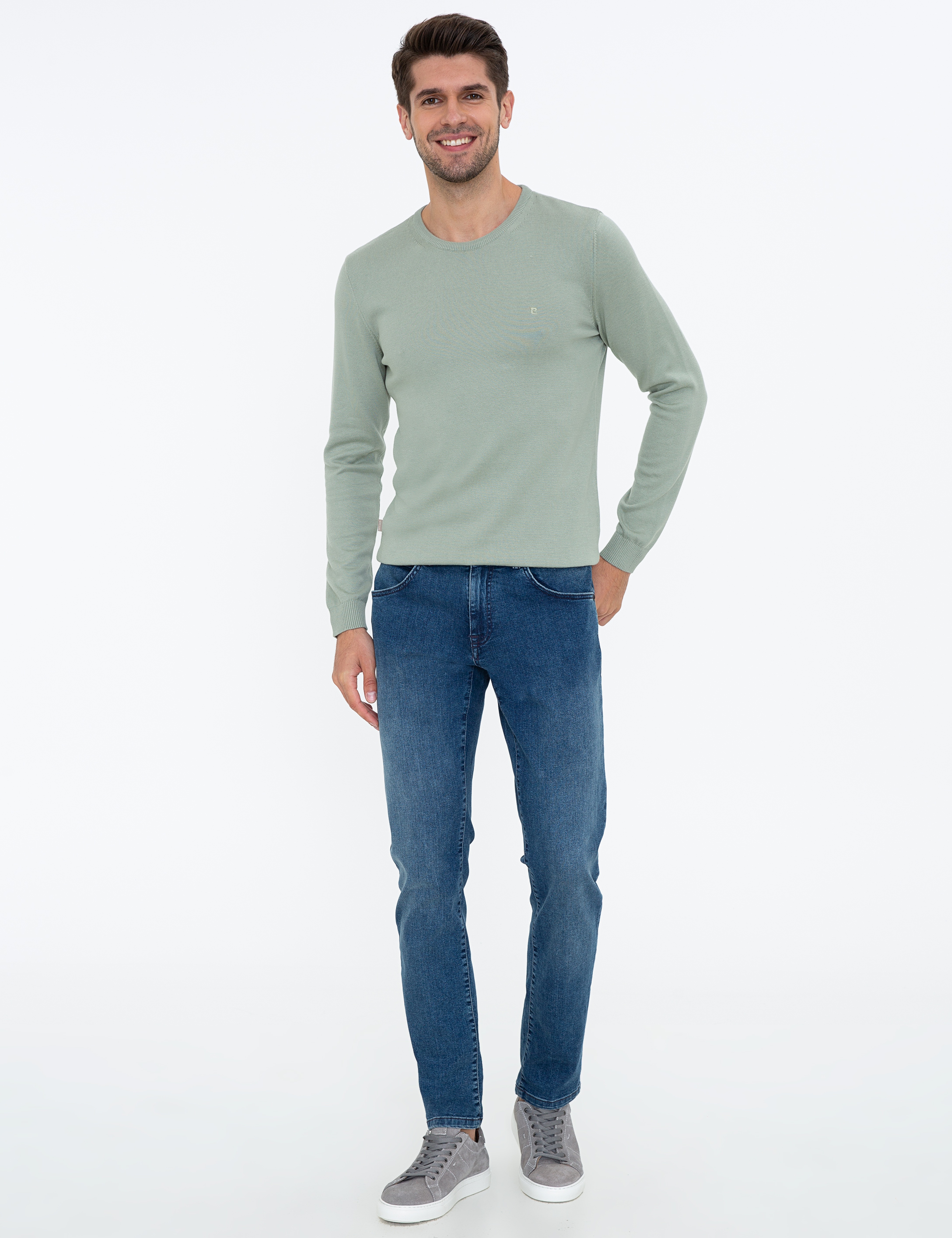 Su Yeşili Slim Fit Bisiklet Yaka Basic Triko Kazak