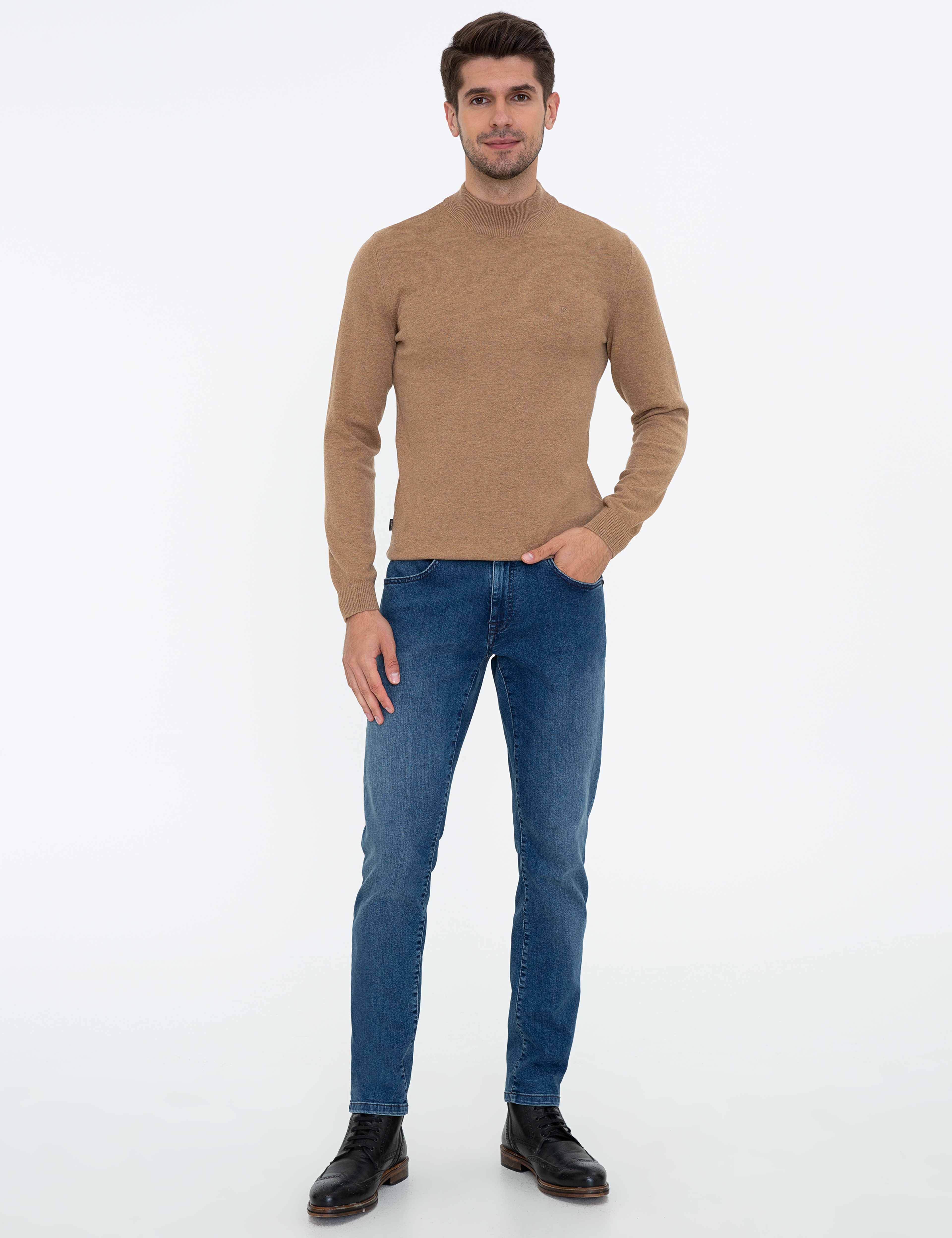Camel Melanj Slim Fit Yarım Balıkçı Yaka Basic Triko Kazak