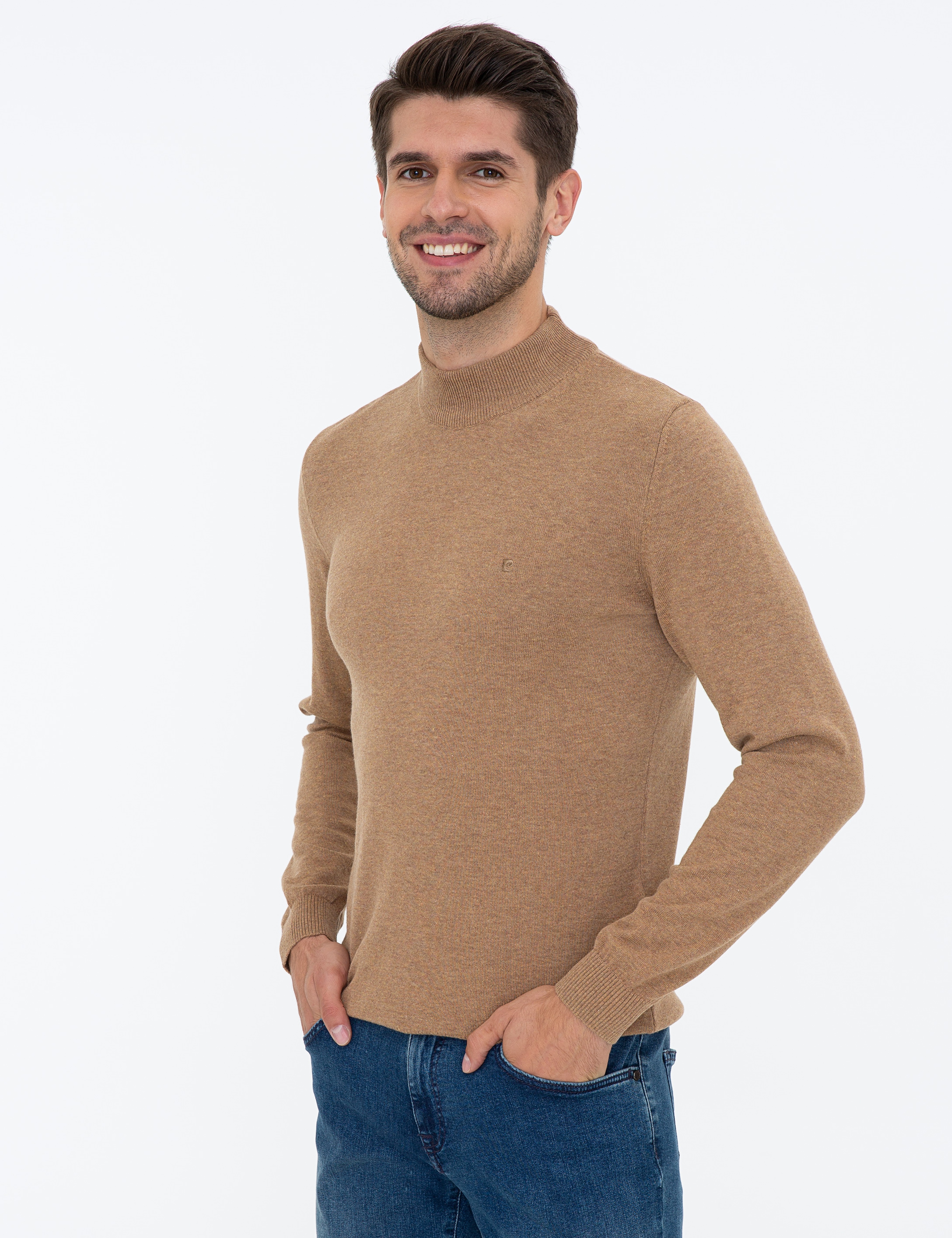 Camel Melanj Slim Fit Yarım Balıkçı Yaka Basic Triko Kazak - Image 3