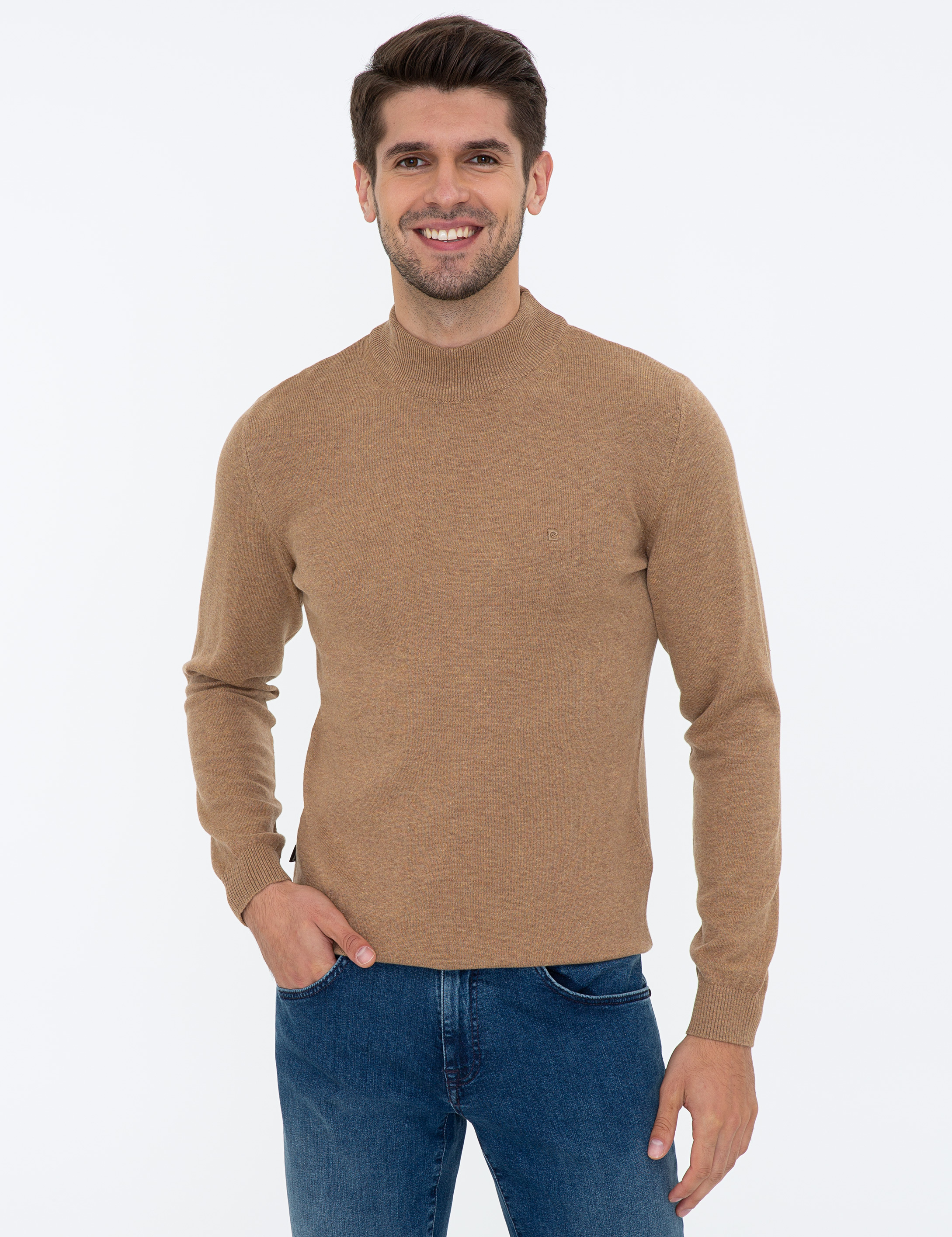 Camel Melanj Slim Fit Yarım Balıkçı Yaka Basic Triko Kazak