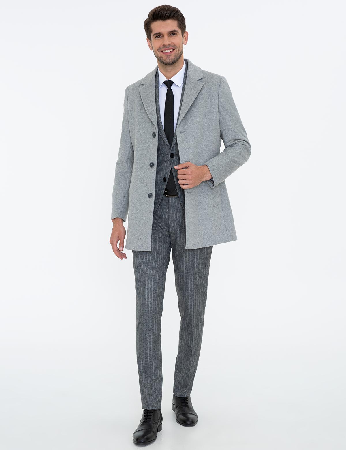 Açık Gri Ex. Slim Fit Kaşe Kaban - 50238895039