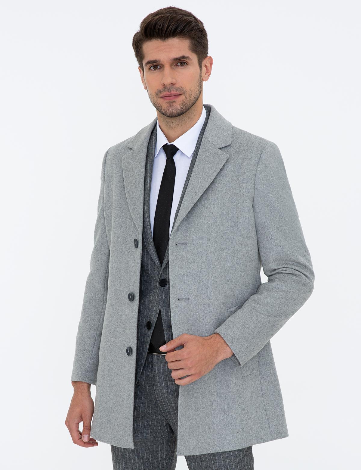 Açık Gri Ex. Slim Fit Kaşe Kaban - 50238895039