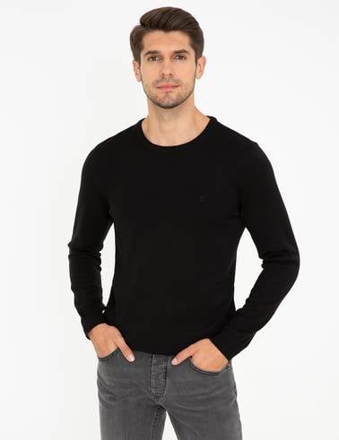 Siyah Slim Fit Bisiklet Yaka Basic Triko Kazak
