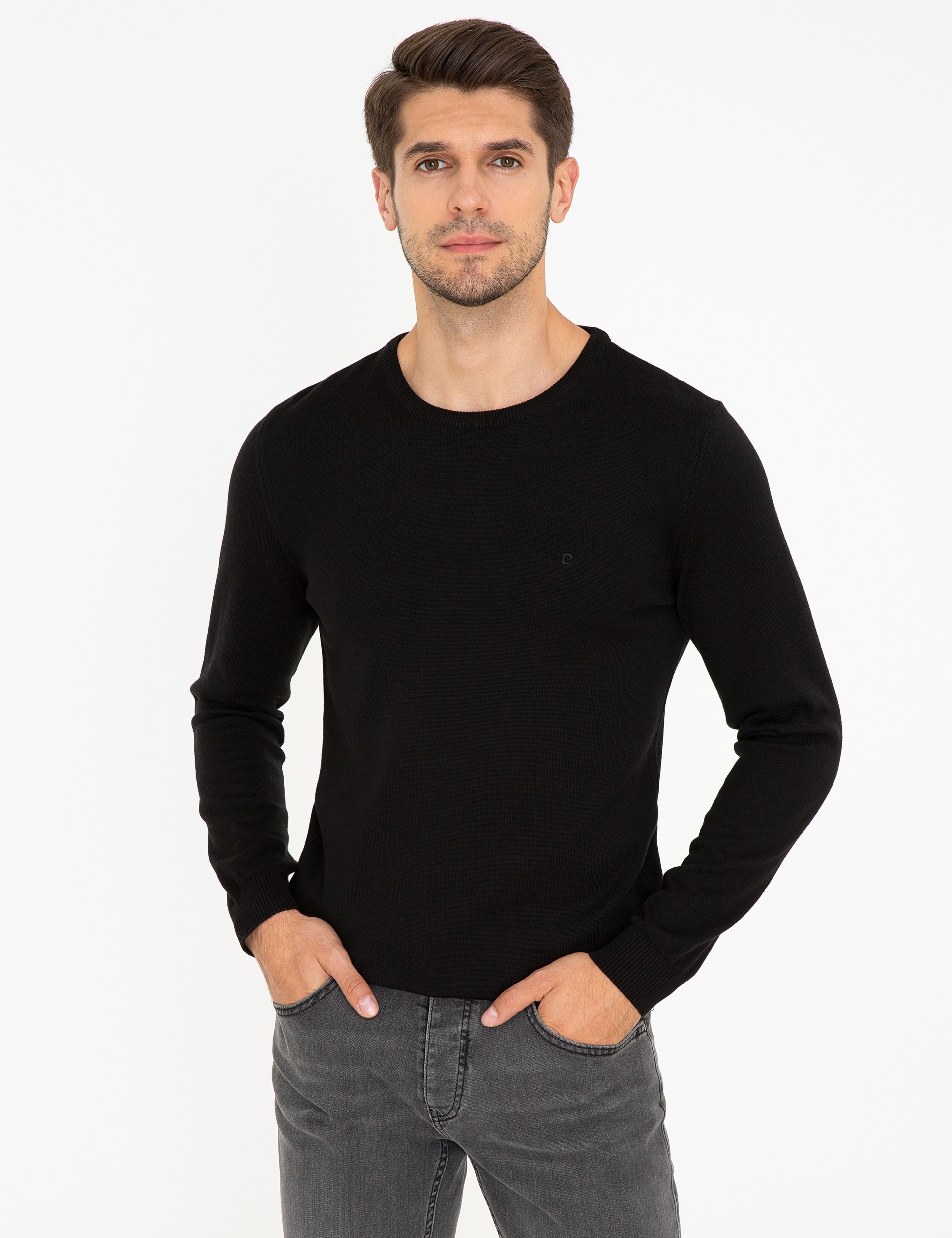 Siyah Slim Fit Bisiklet Yaka Basic Triko Kazak - Image 3