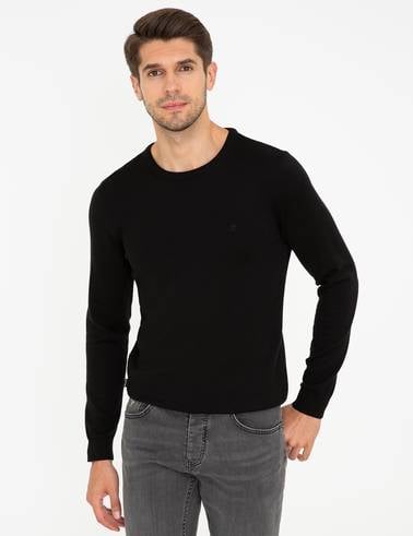 Siyah Slim Fit Bisiklet Yaka Basic Triko Kazak