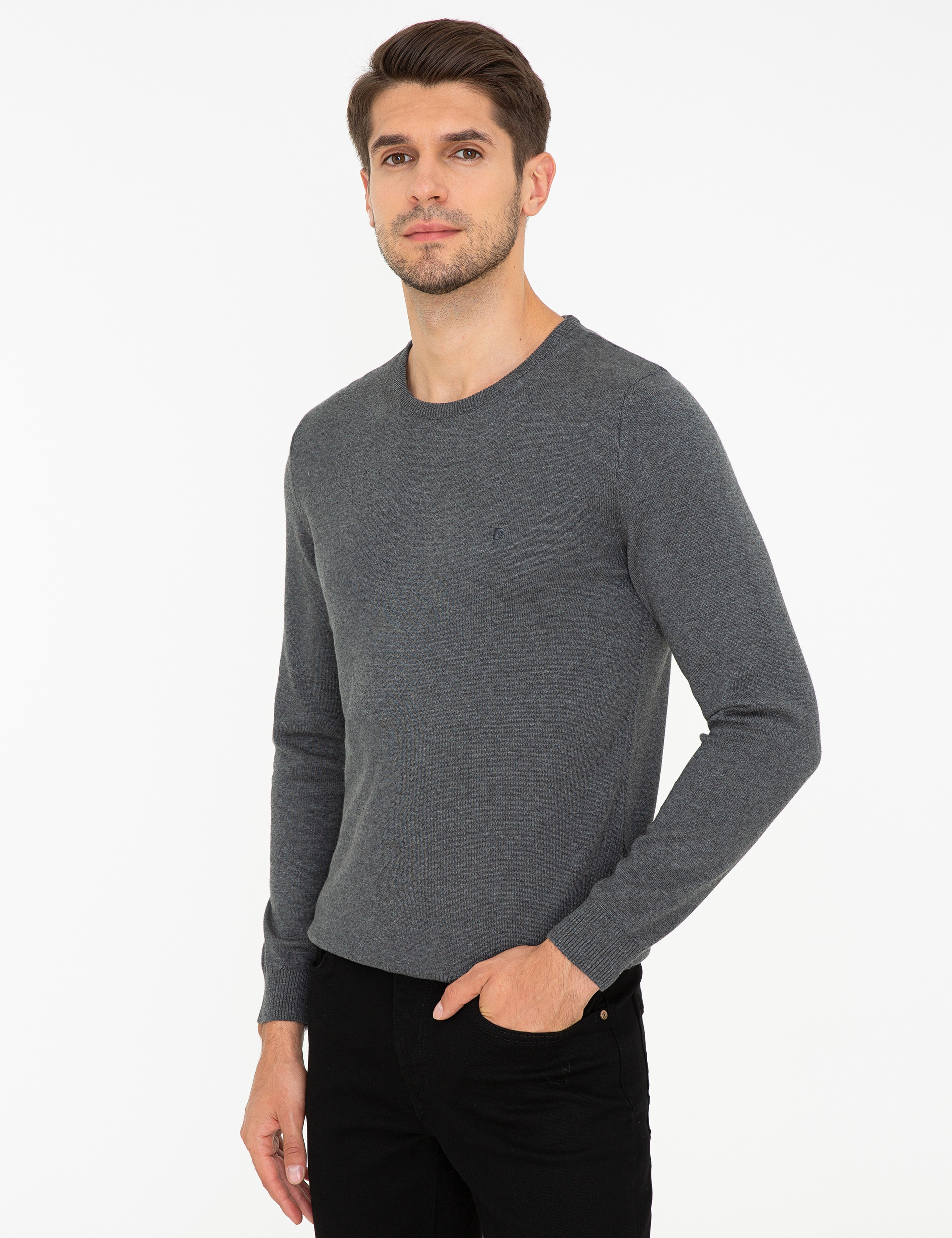 Gri Melanj Slim Fit Bisiklet Yaka Basic Triko Kazak - Image 3