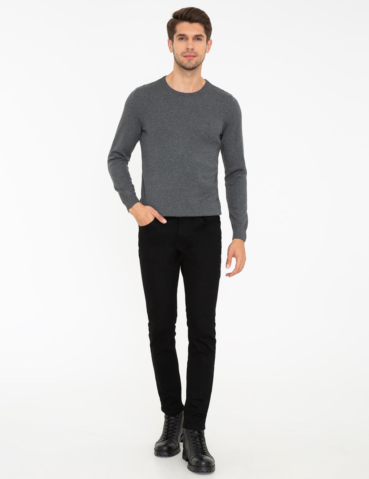 Gri Melanj Slim Fit Bisiklet Yaka Basic Triko Kazak - 50237801074