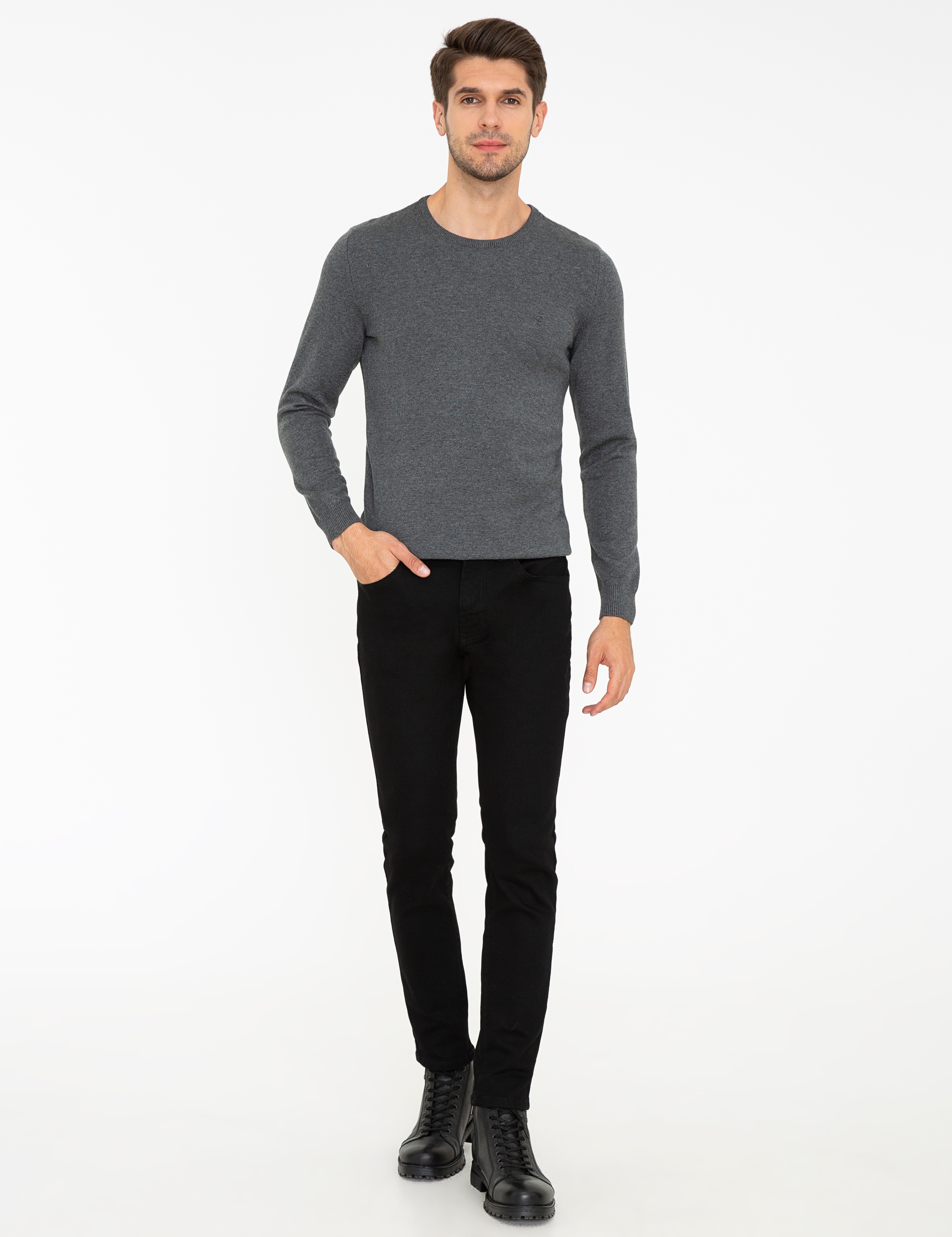 Gri Melanj Slim Fit Bisiklet Yaka Basic Triko Kazak - Image 4