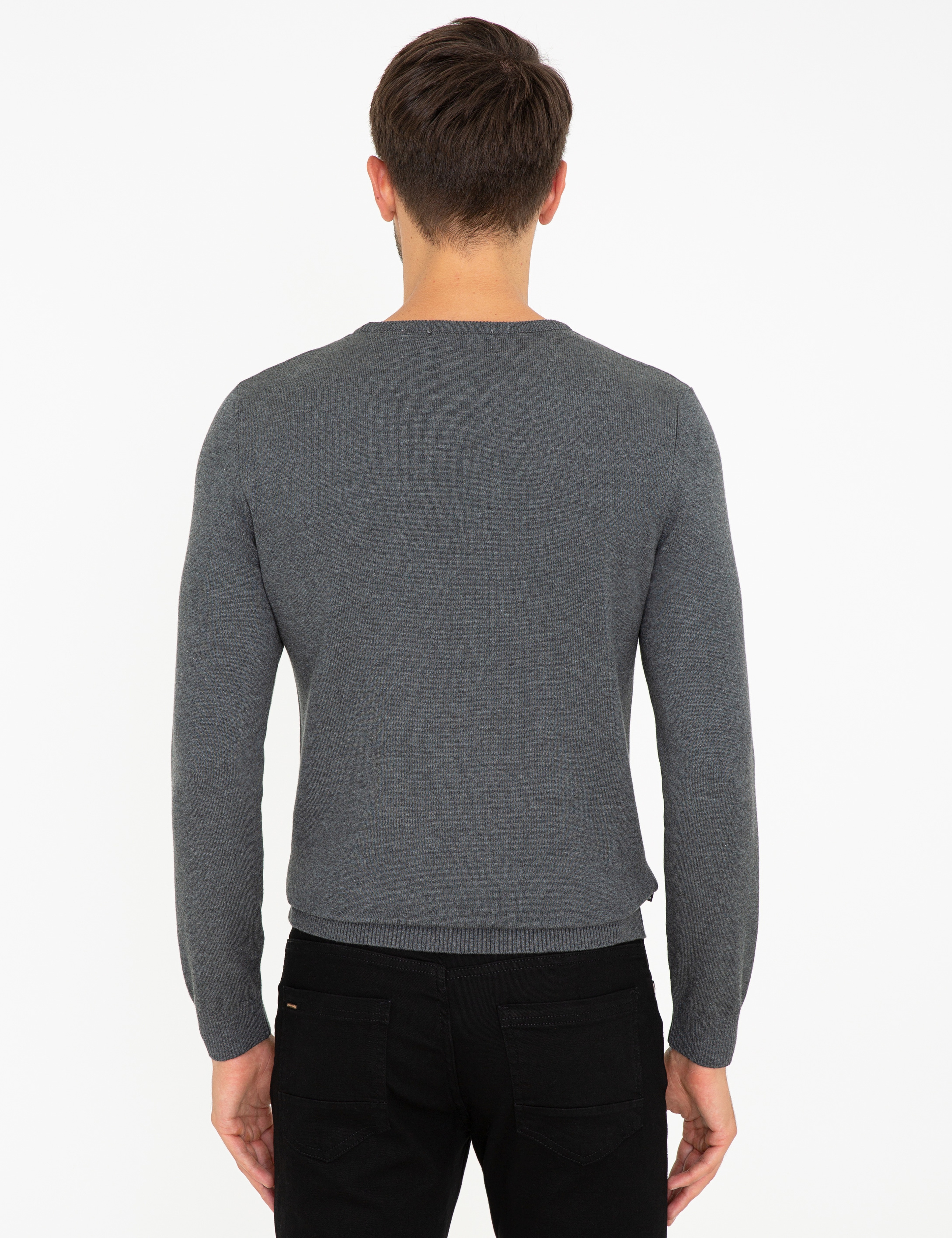 Gri Melanj Slim Fit Bisiklet Yaka Basic Triko Kazak