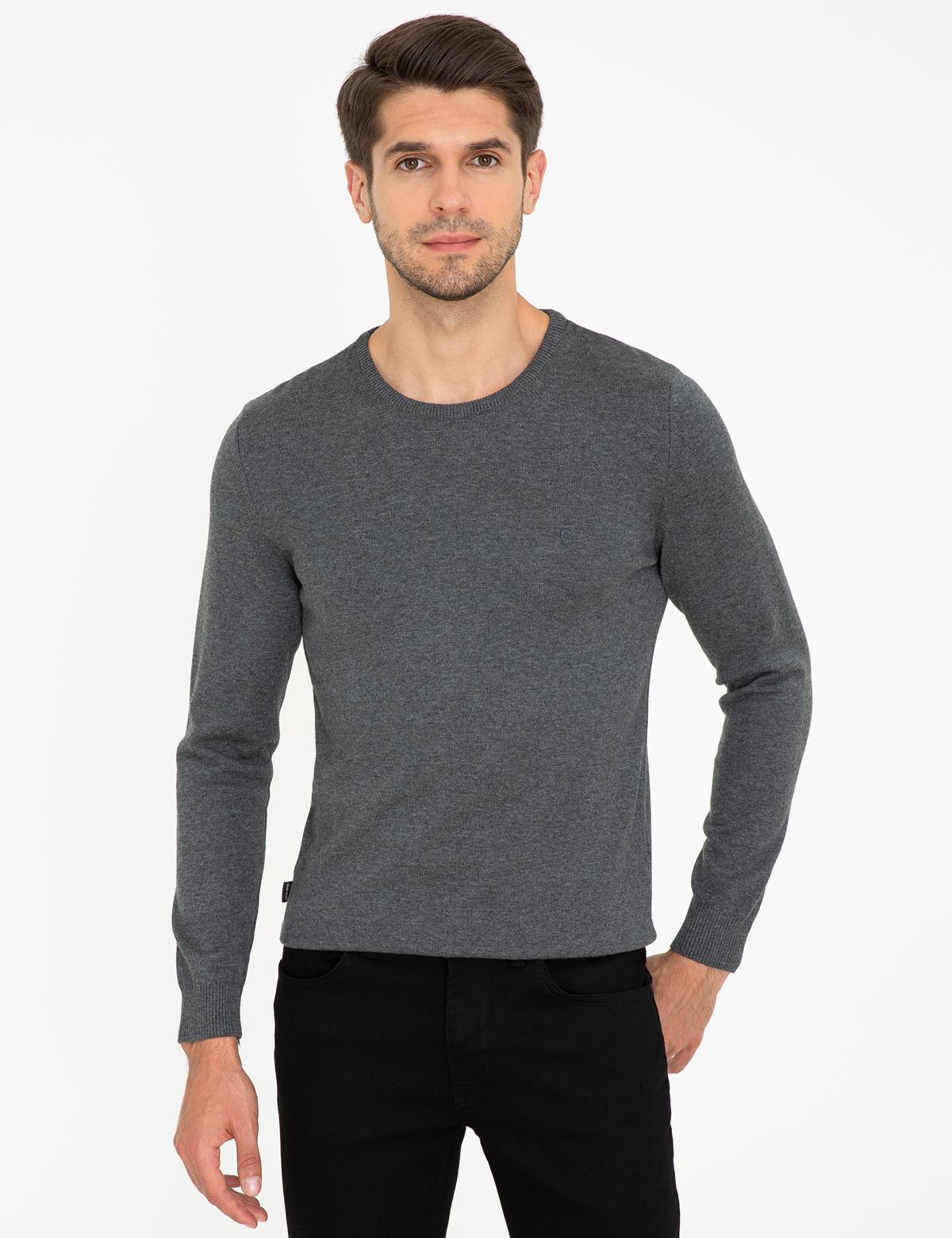 Gri Melanj Slim Fit Bisiklet Yaka Basic Triko Kazak