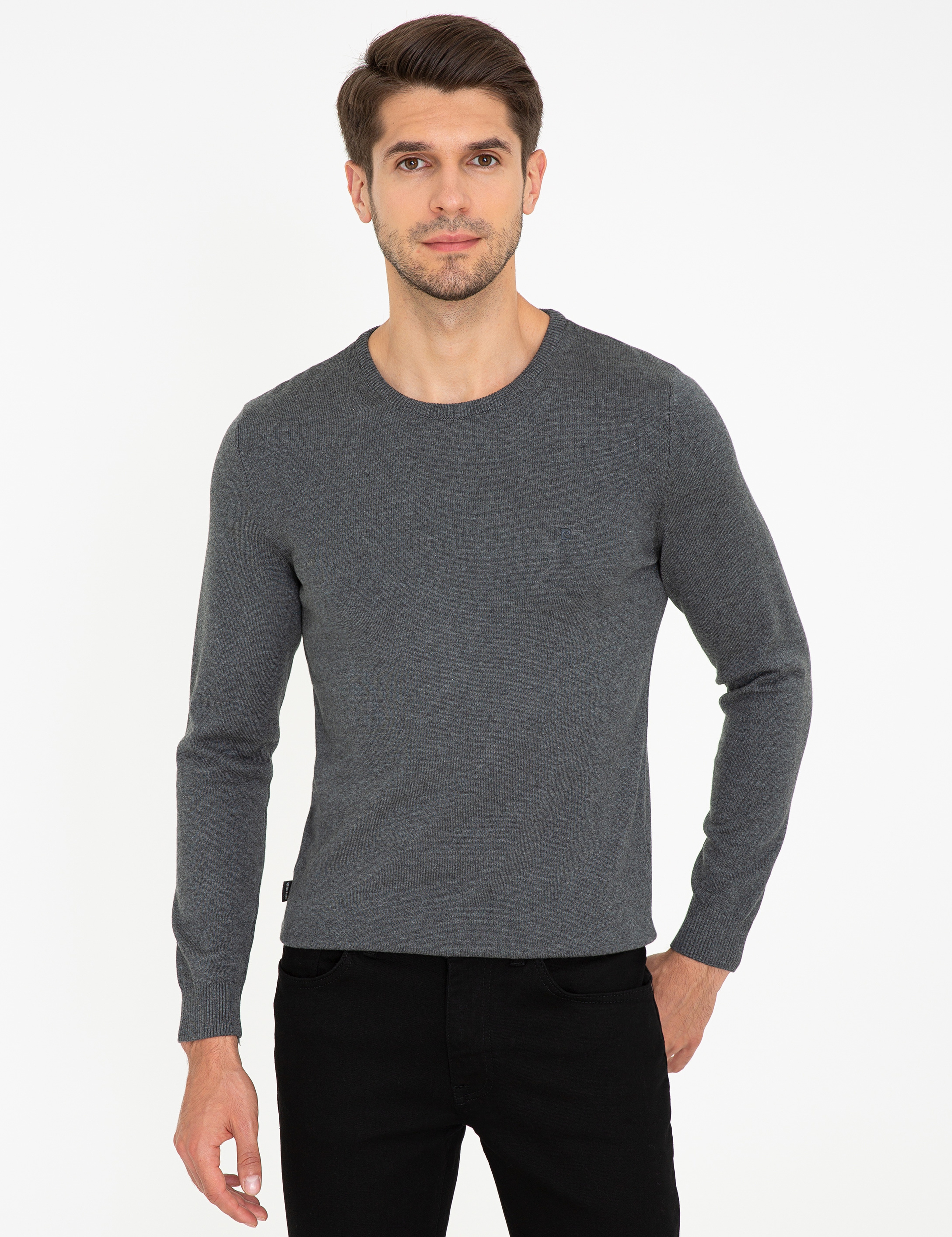 Gri Melanj Slim Fit Bisiklet Yaka Basic Triko Kazak - Image 1