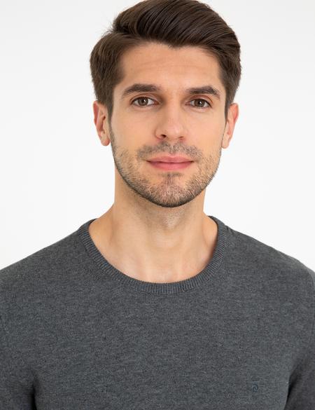 Gri Melanj Slim Fit Bisiklet Yaka Basic Triko Kazak - 50237801074