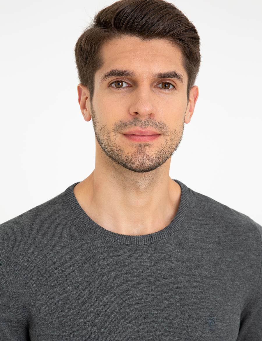 Gri Melanj Slim Fit Bisiklet Yaka Basic Triko Kazak