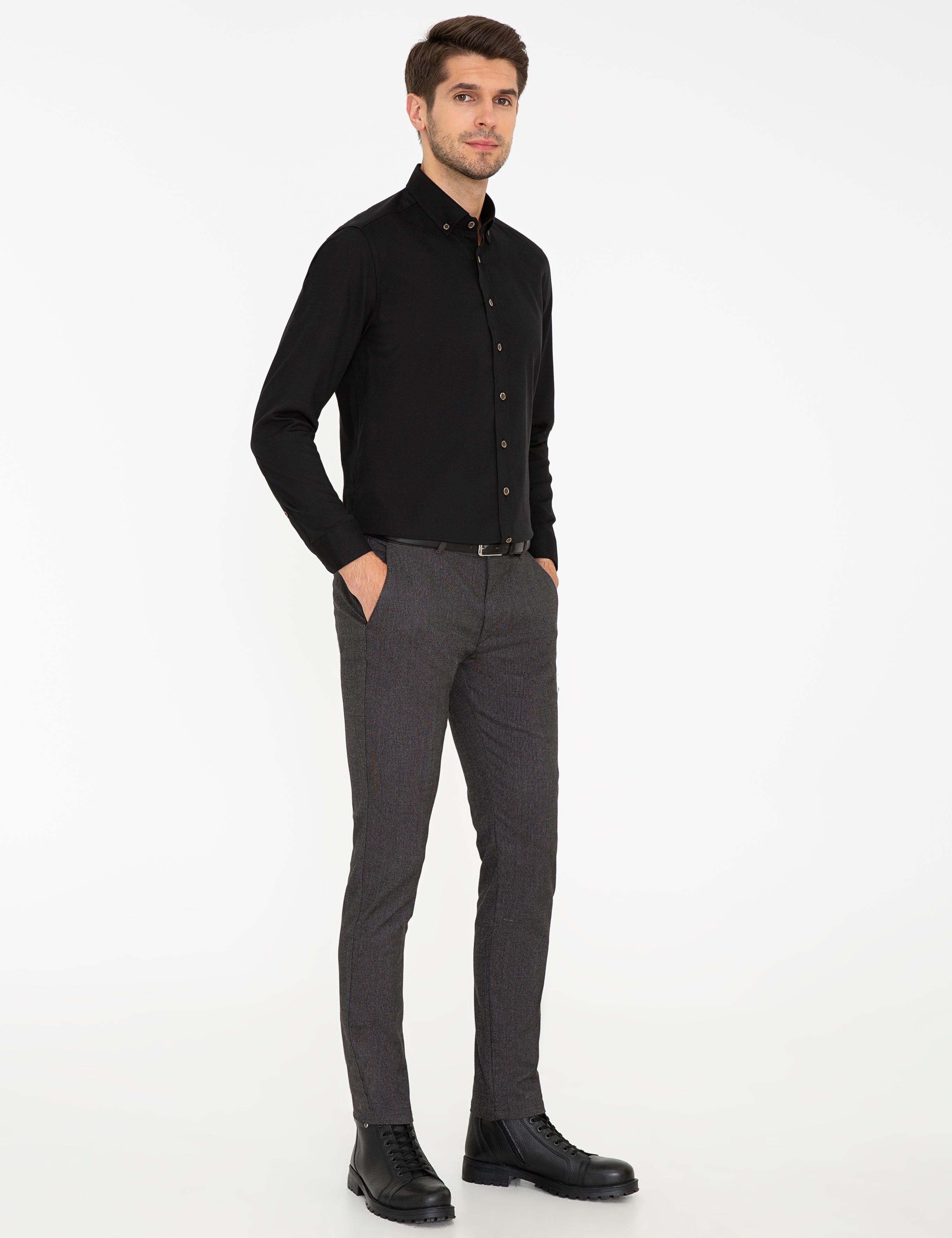 Kahverengi Slim Fit Keten Karışımlı Kanvas Pantolon
