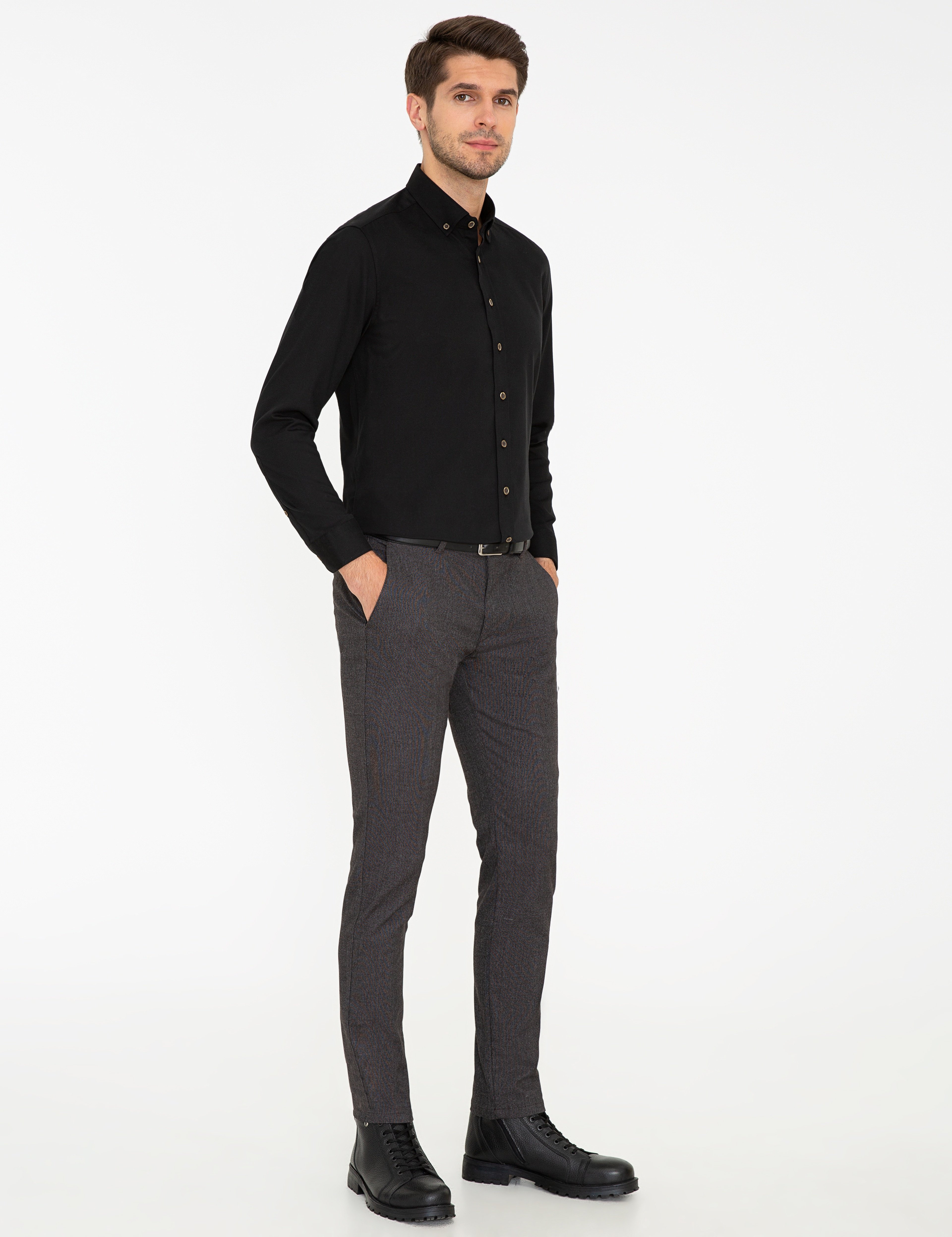 Kahverengi Slim Fit Keten Karışımlı Kanvas Pantolon - Image 3