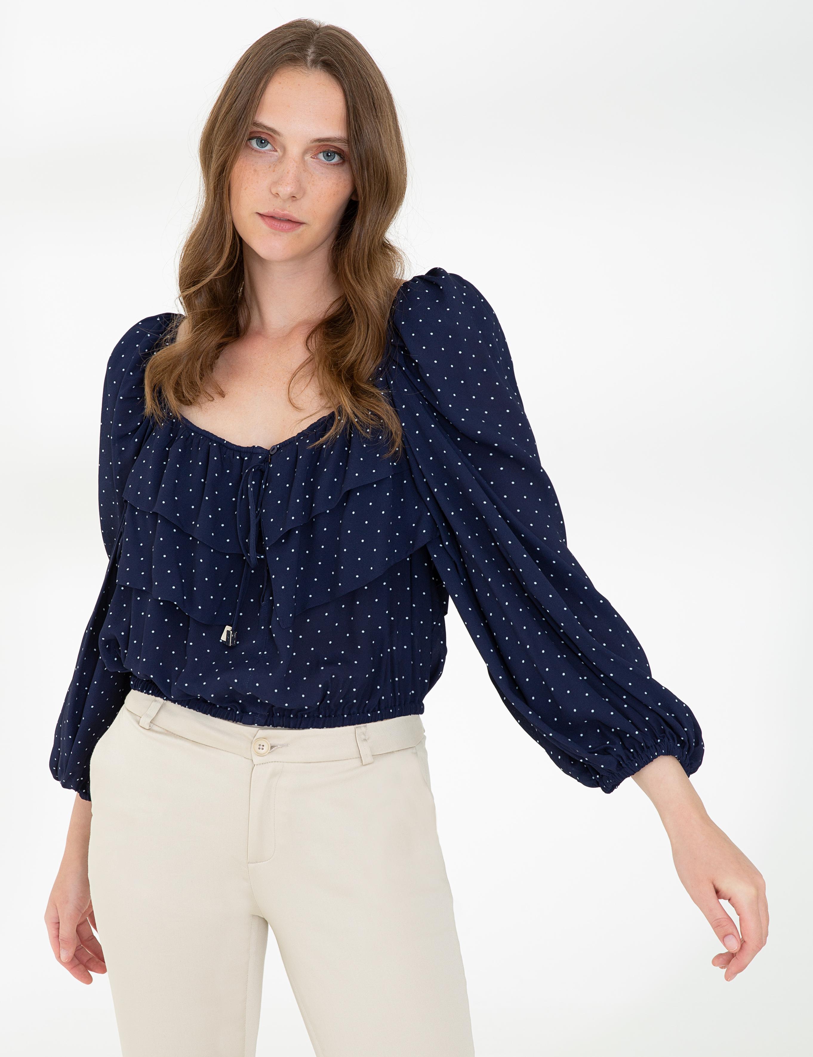 Lacivert Balon Kol Bluz