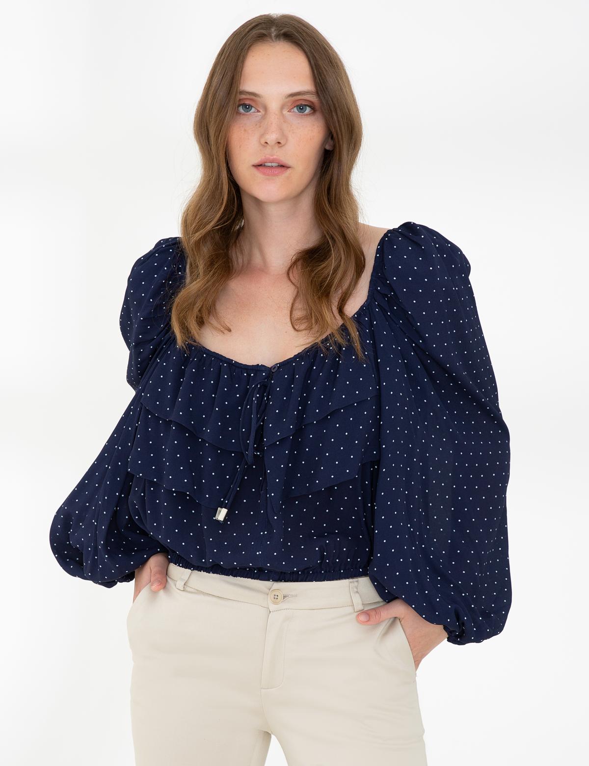 Lacivert Balon Kol Bluz