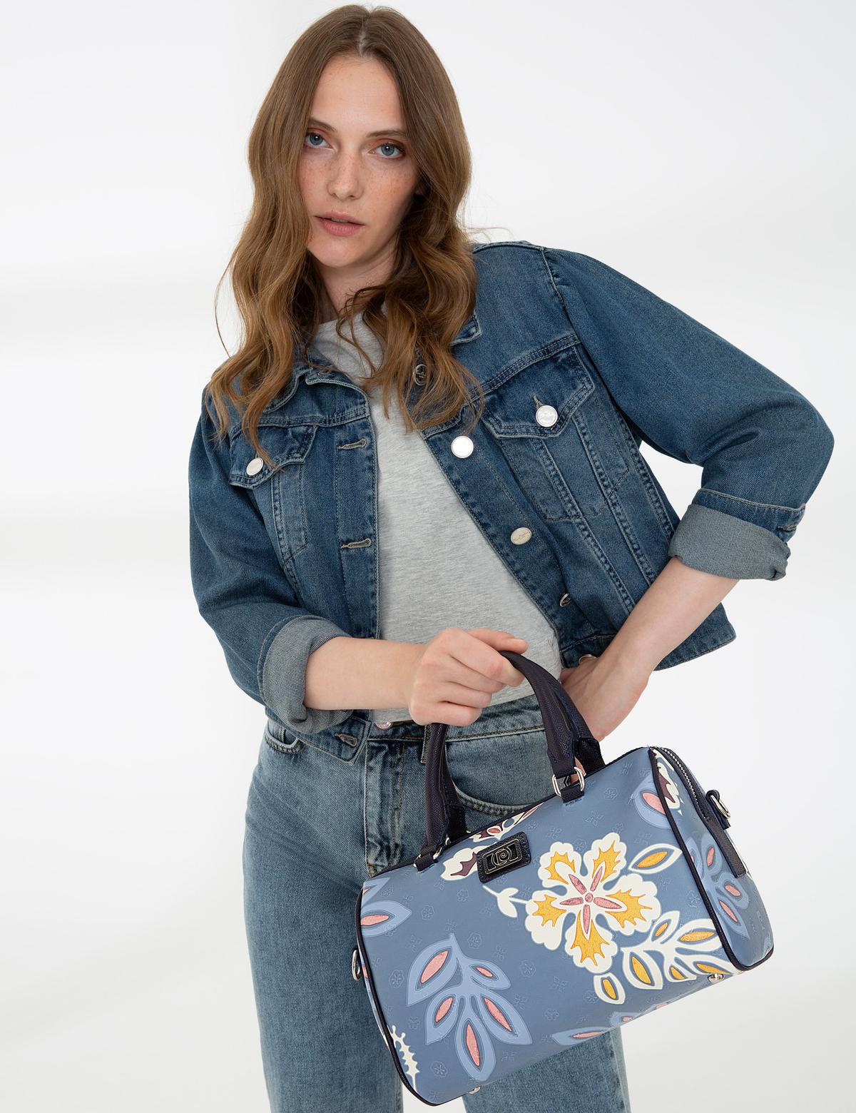 Mavi Çiçek Desenli Uzun Askılı Kol Çantası