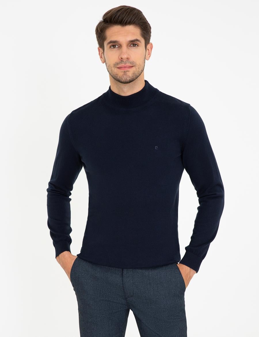 Lacivert Slim Fit Yarım Balıkçı Yaka Basic Triko Kazak