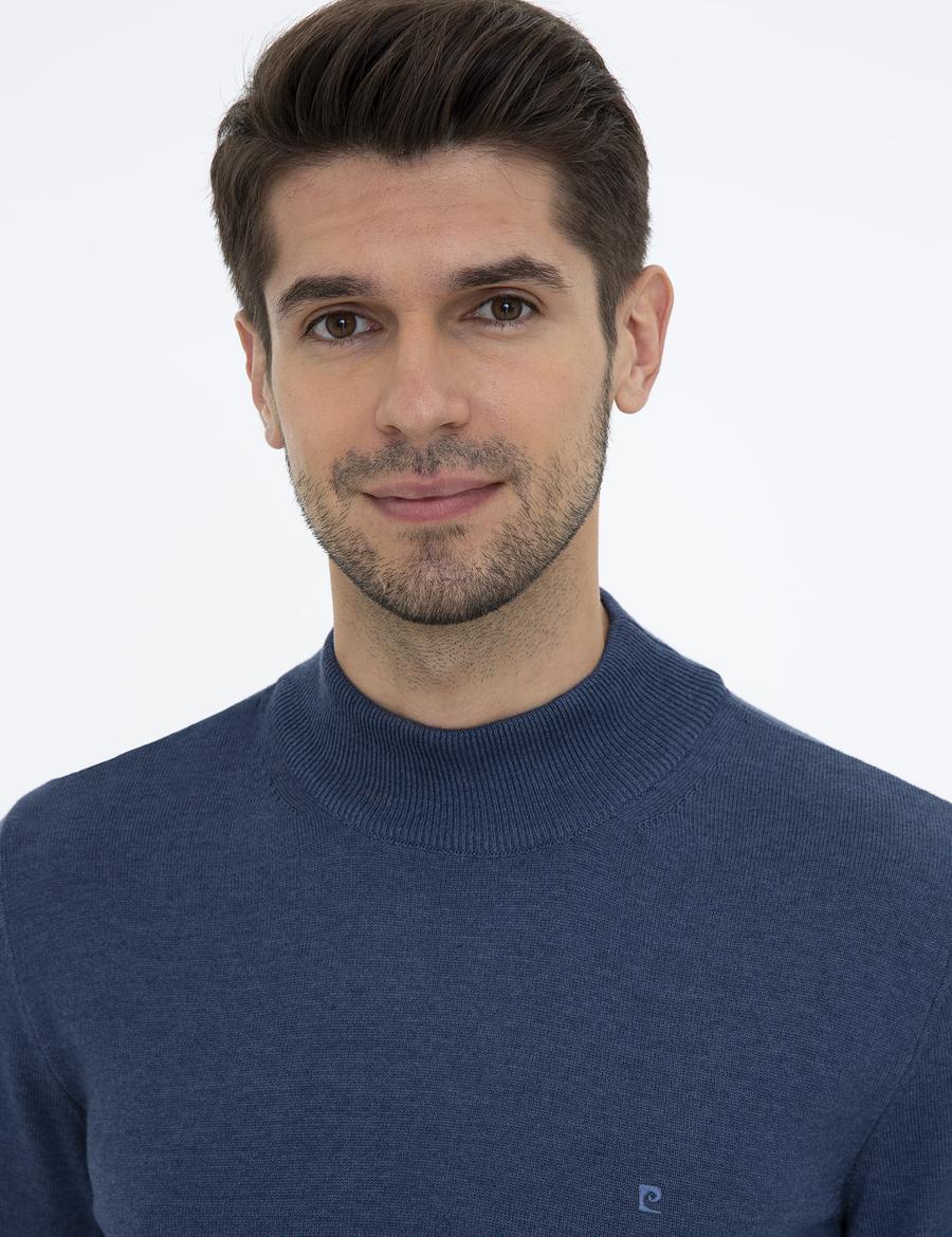 İndigo Melanj Slim Fit Yarım Balıkçı Yaka Basic Triko Kazak