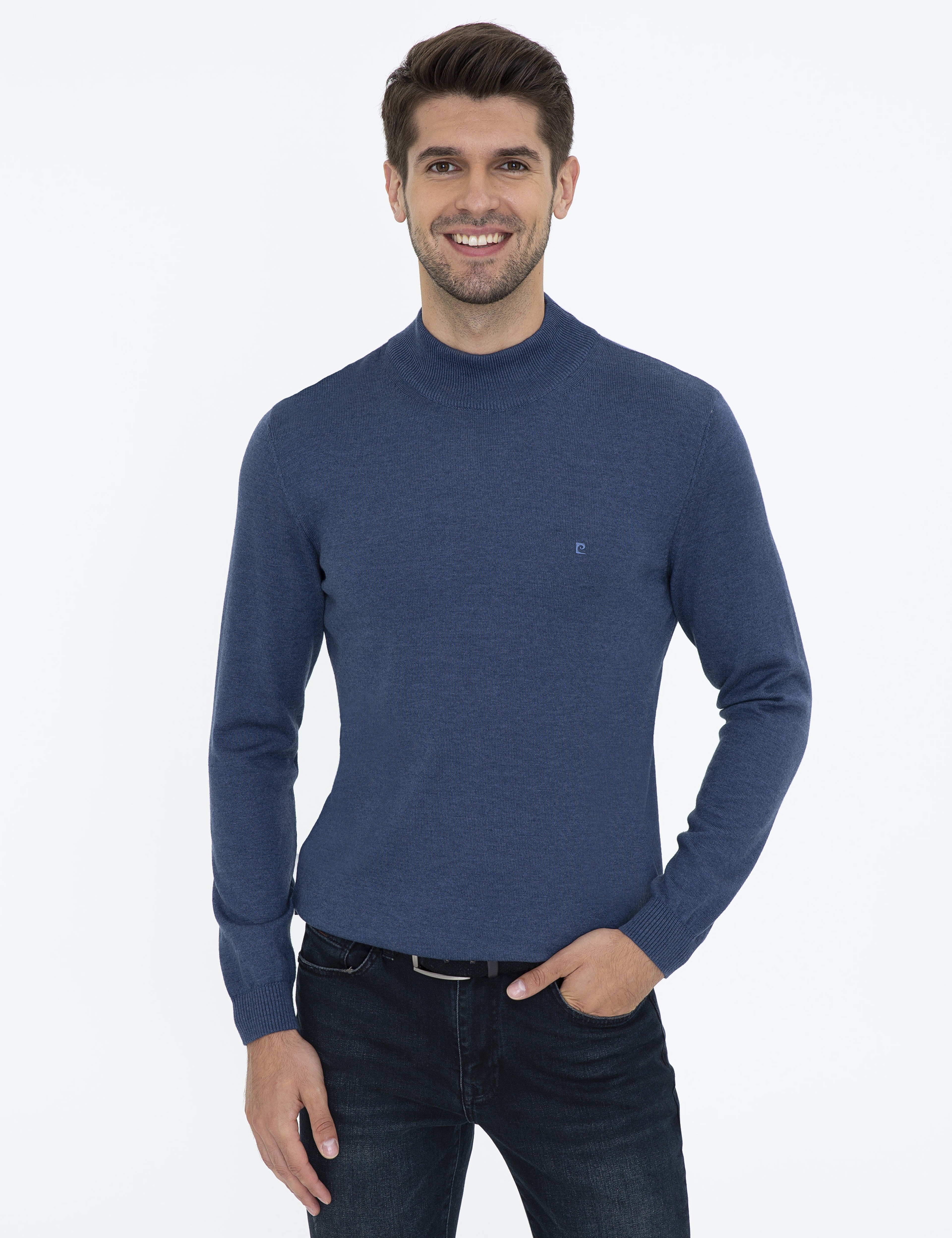 İndigo Melanj Slim Fit Yarım Balıkçı Yaka Basic Triko Kazak - Image 1
