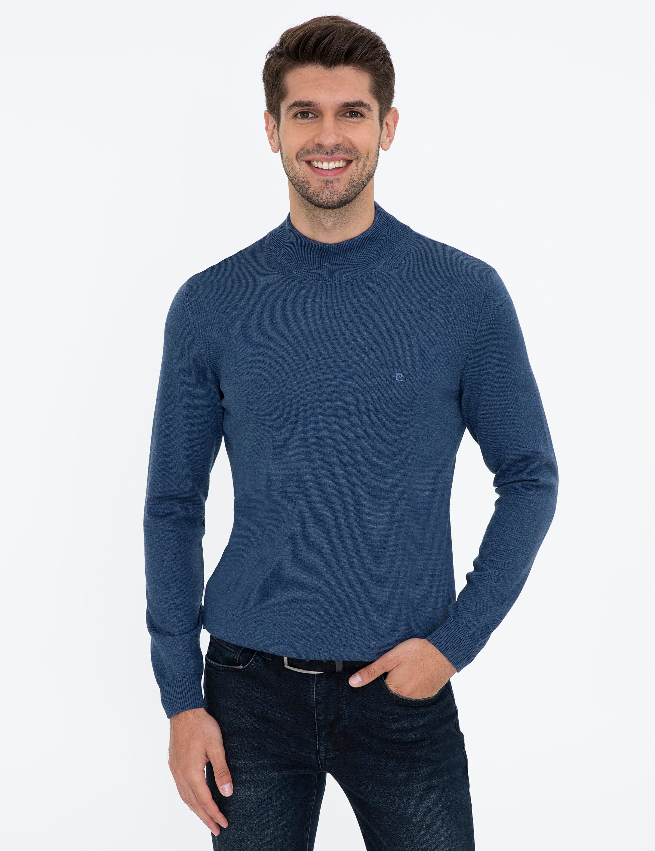 İndigo Melanj Slim Fit Yarım Balıkçı Yaka Basic Triko Kazak