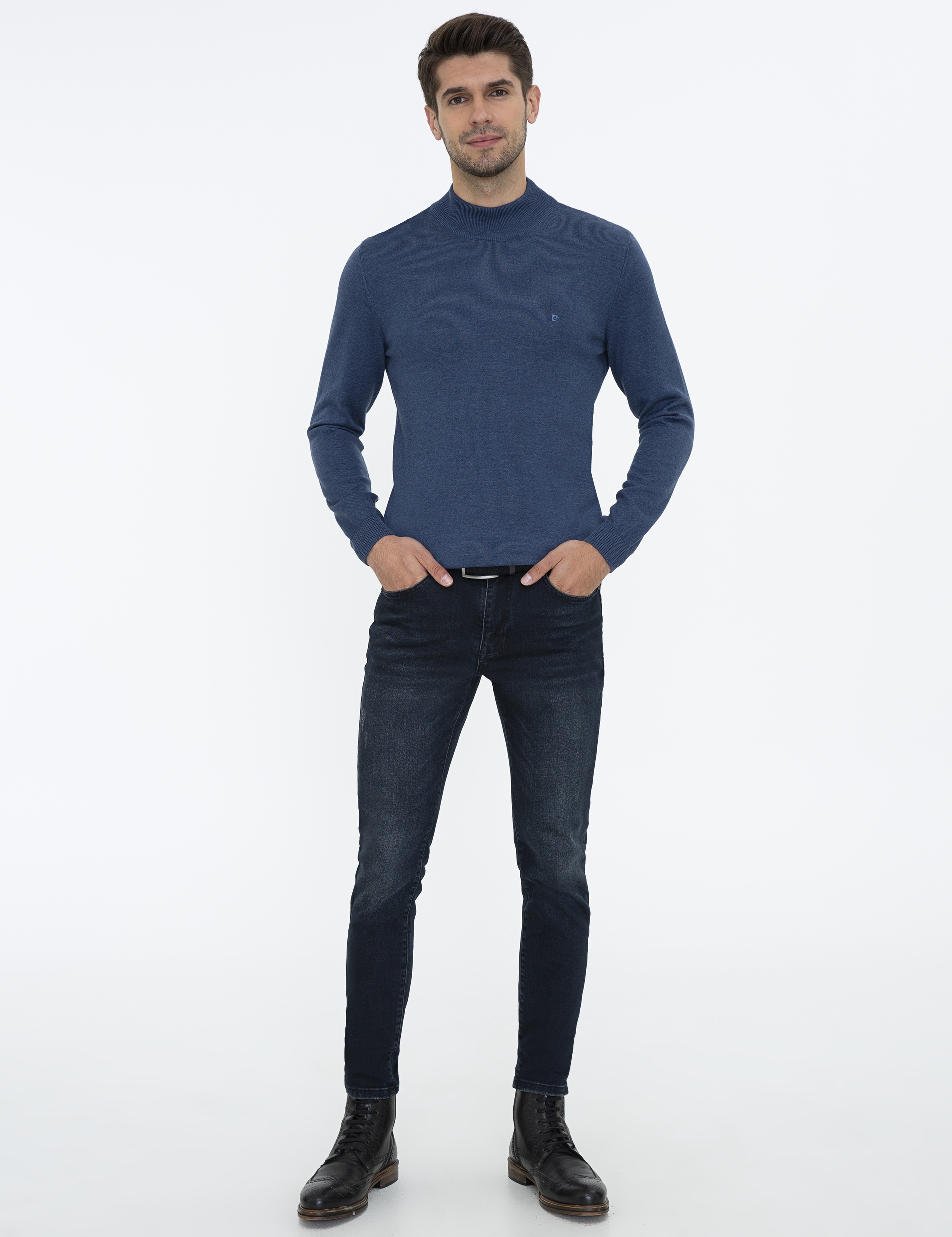 İndigo Melanj Slim Fit Yarım Balıkçı Yaka Basic Triko Kazak - Image 5