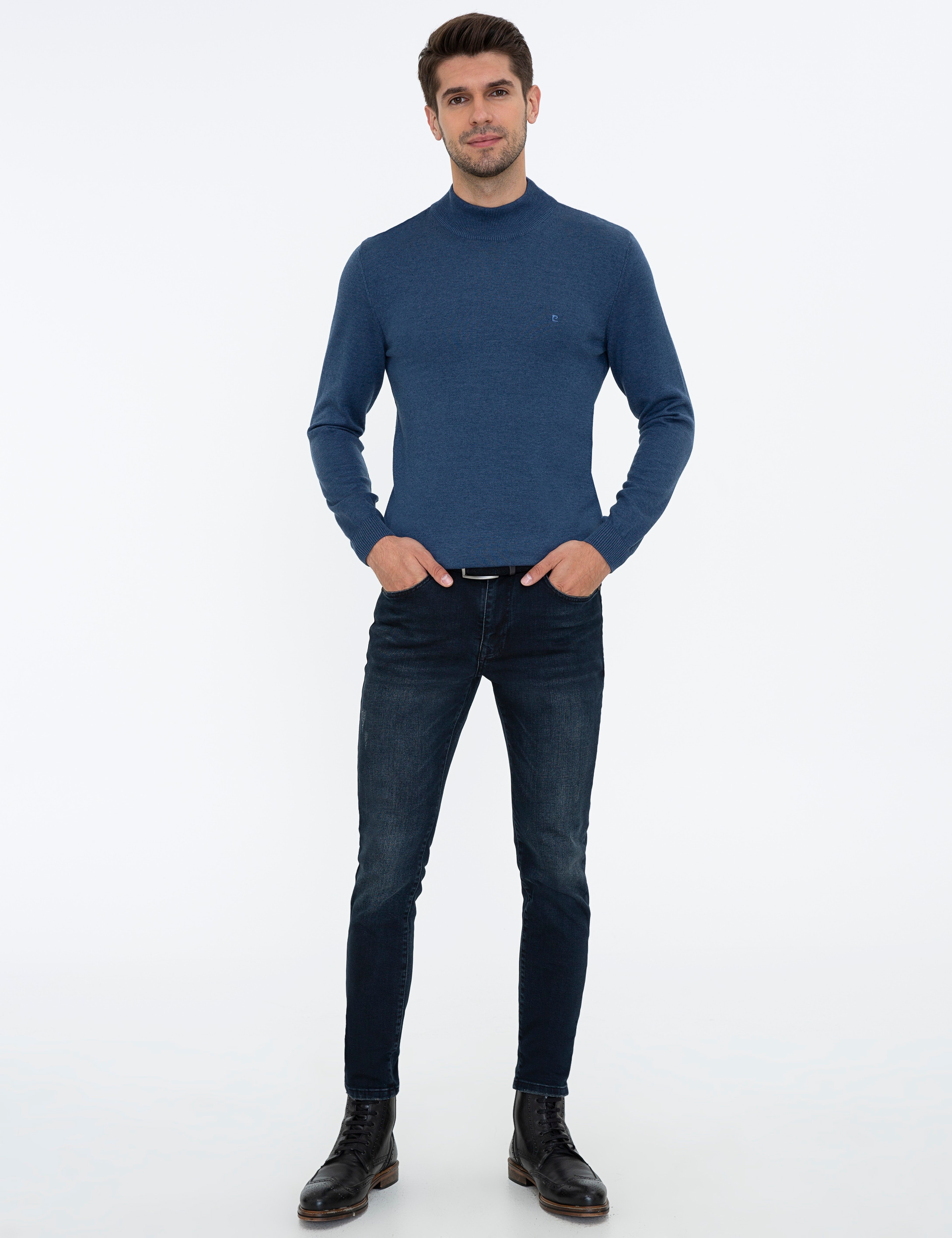 İndigo Melanj Slim Fit Yarım Balıkçı Yaka Basic Triko Kazak