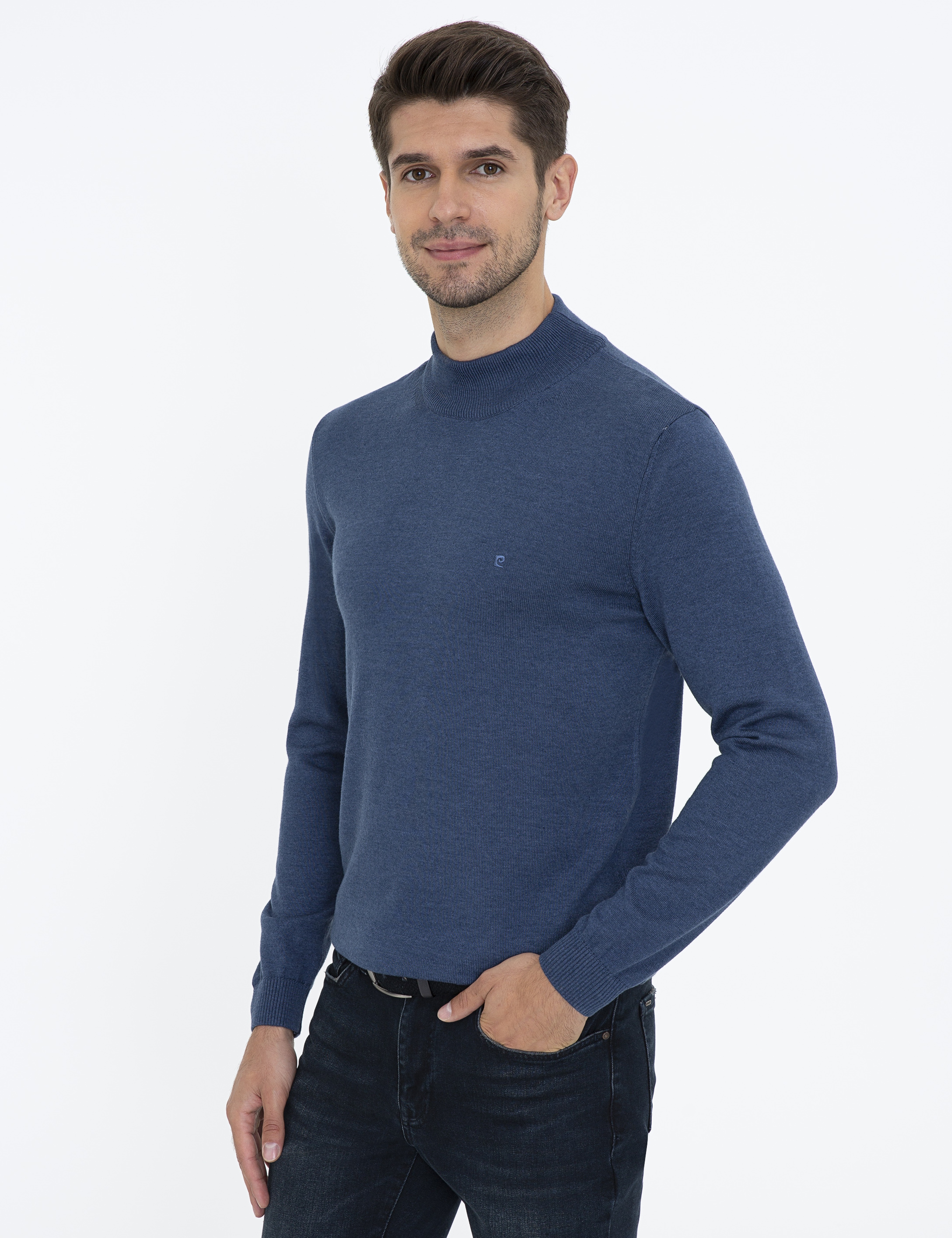 İndigo Melanj Slim Fit Yarım Balıkçı Yaka Basic Triko Kazak - Image 3