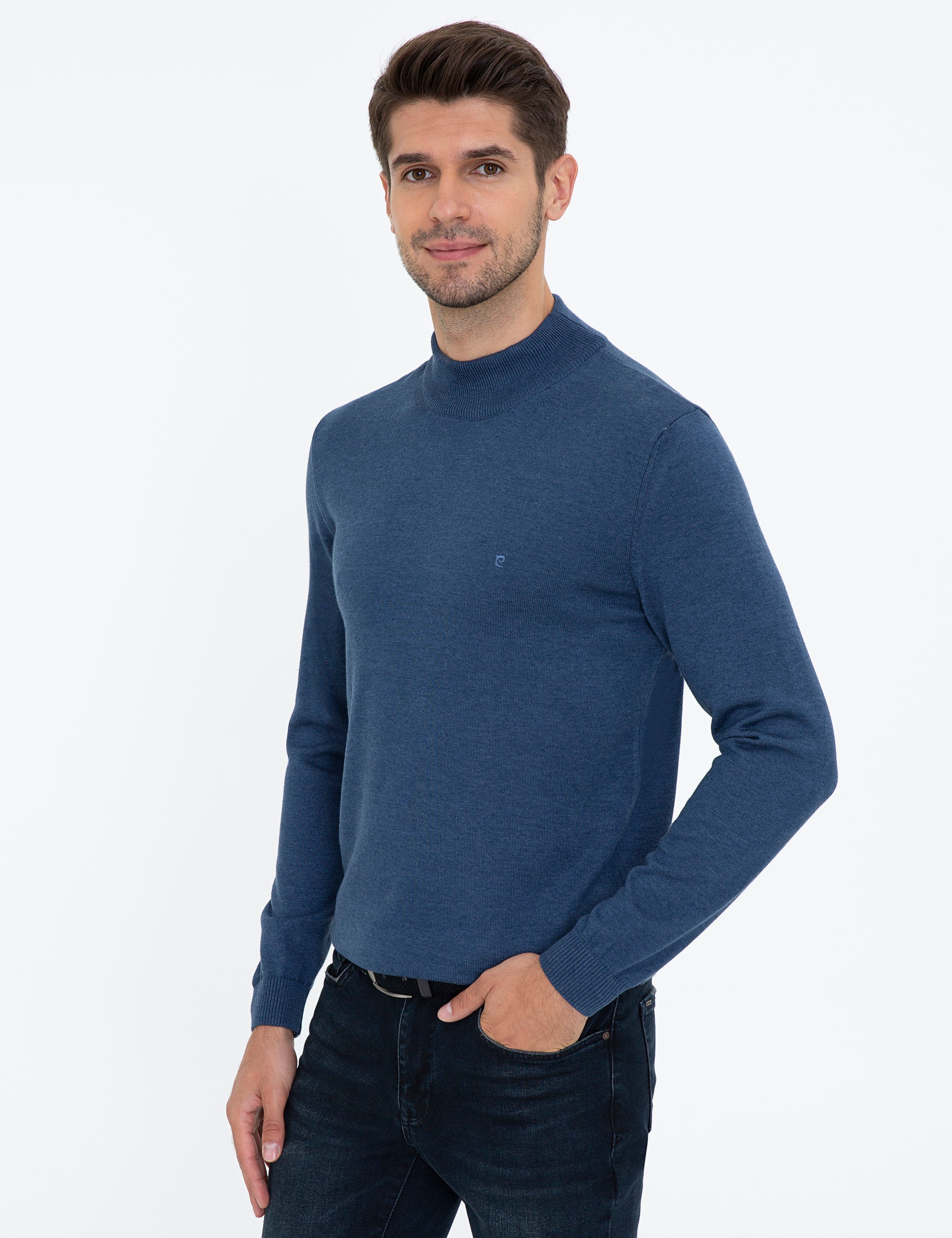 İndigo Melanj Slim Fit Yarım Balıkçı Yaka Basic Triko Kazak