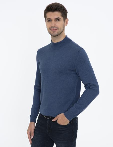 İndigo Melanj Slim Fit Yarım Balıkçı Yaka Basic Triko Kazak - 50237780083