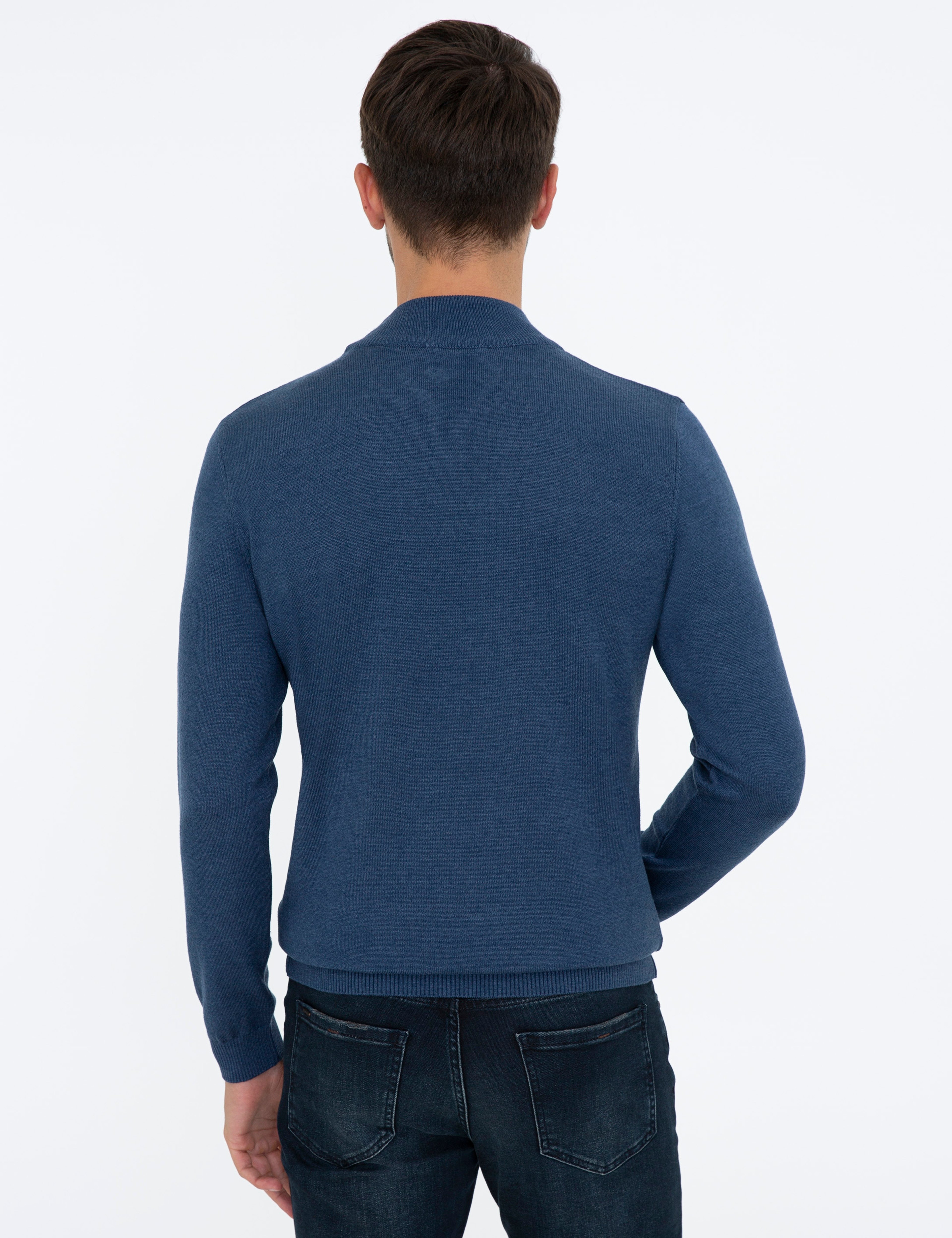 İndigo Melanj Slim Fit Yarım Balıkçı Yaka Basic Triko Kazak