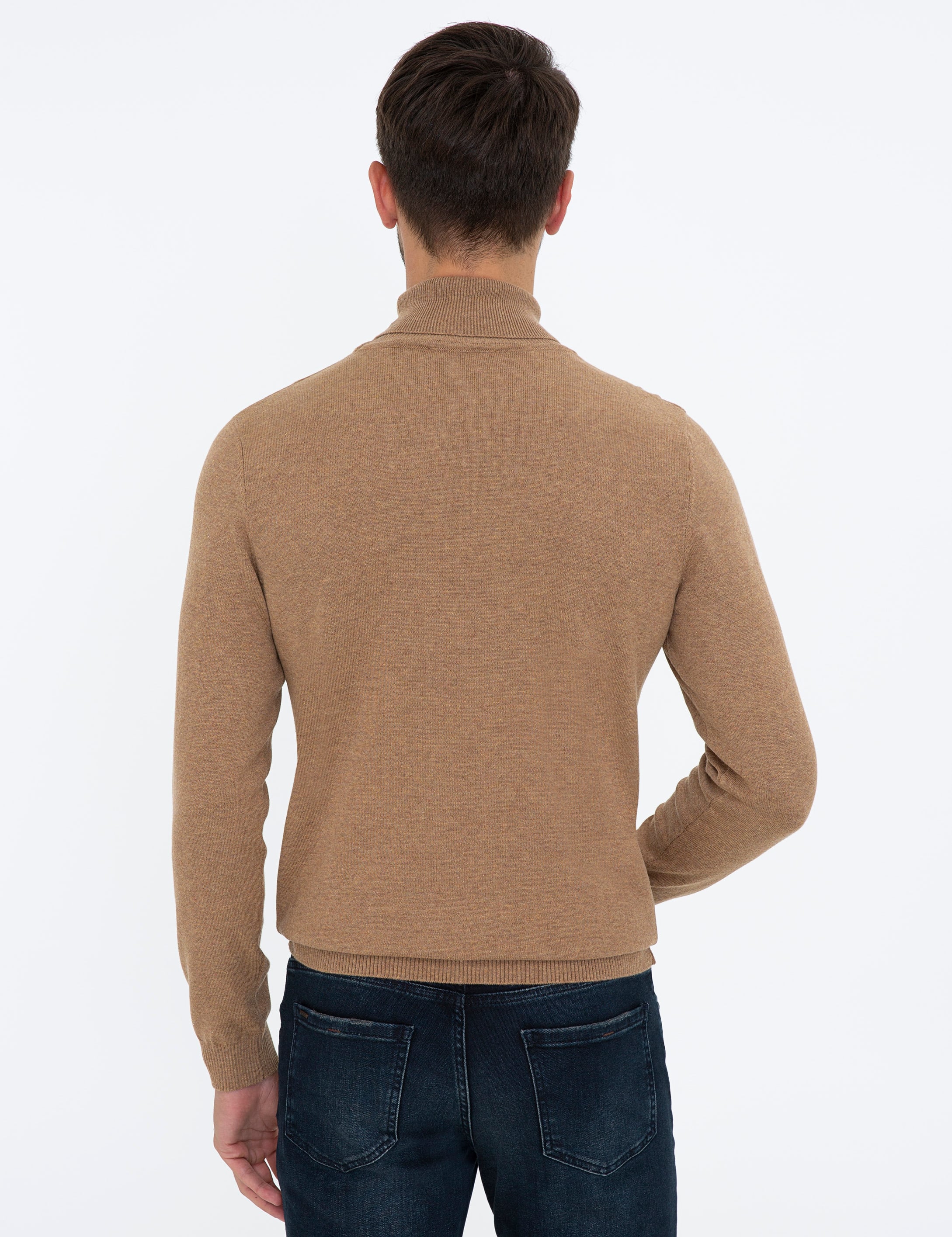 Camel Melanj Slim Fit Balıkçı Yaka Basic Triko Kazak