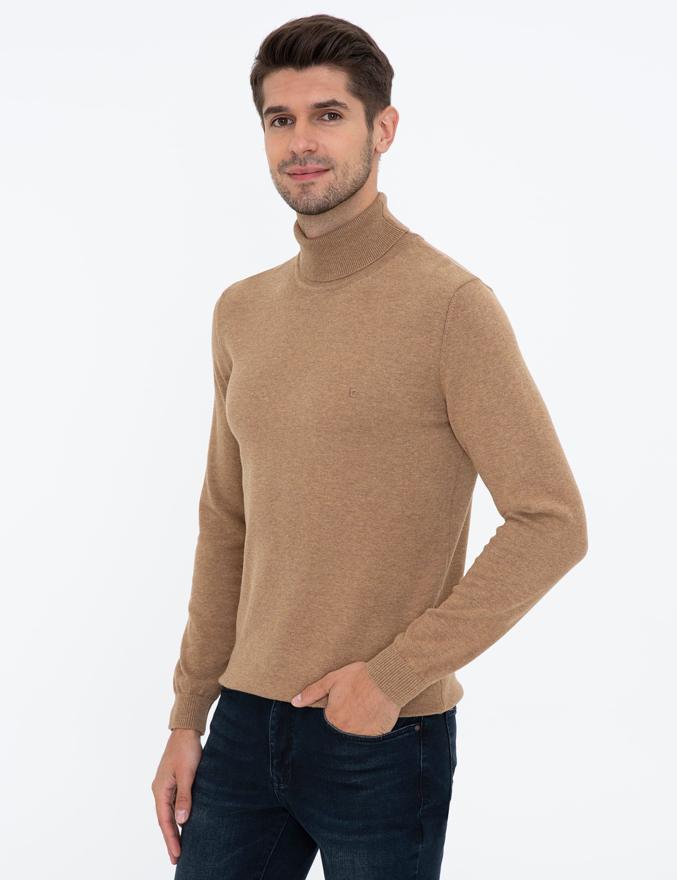 Camel Melanj Slim Fit Balıkçı Yaka Basic Triko Kazak