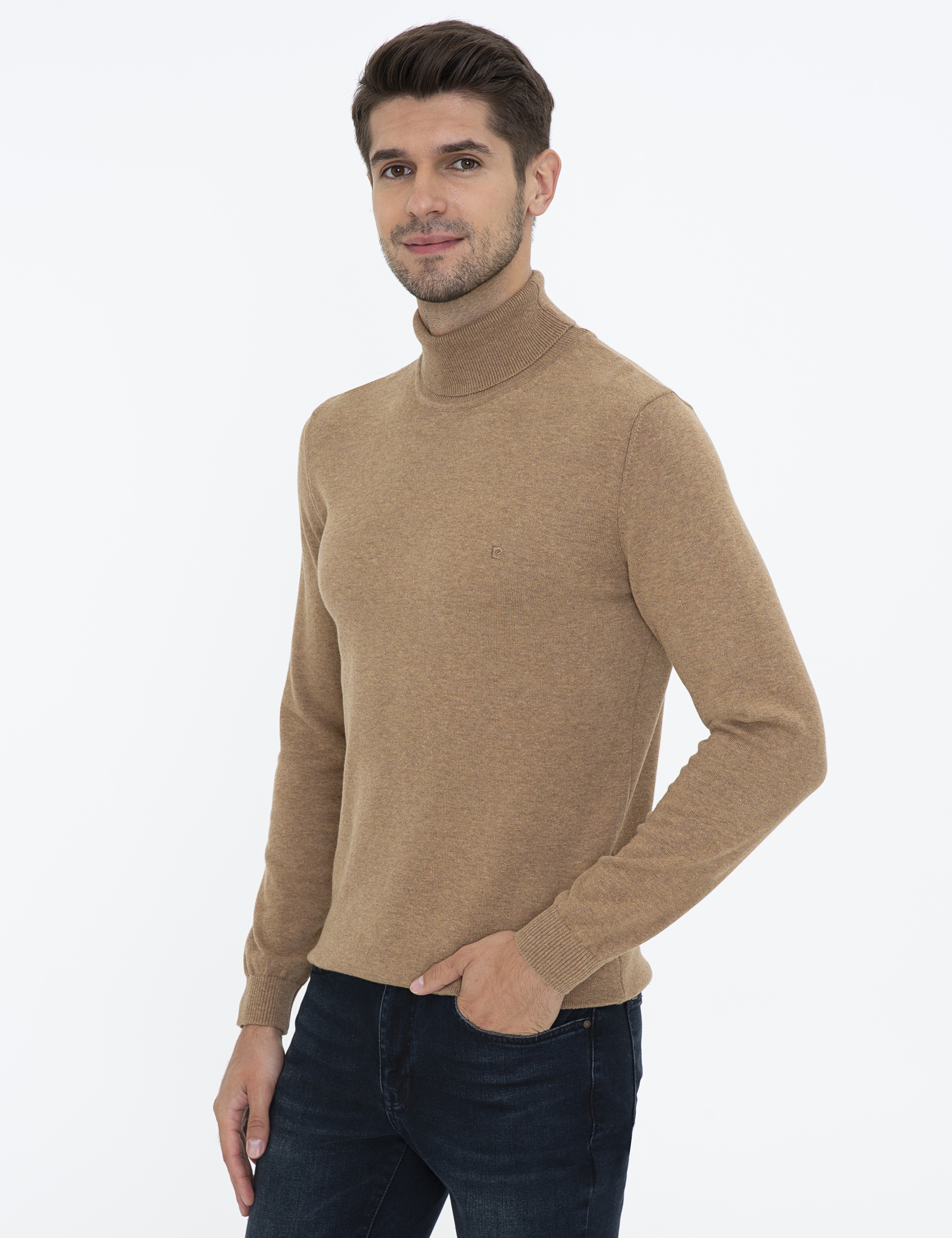 Camel Melanj Slim Fit Balıkçı Yaka Basic Triko Kazak