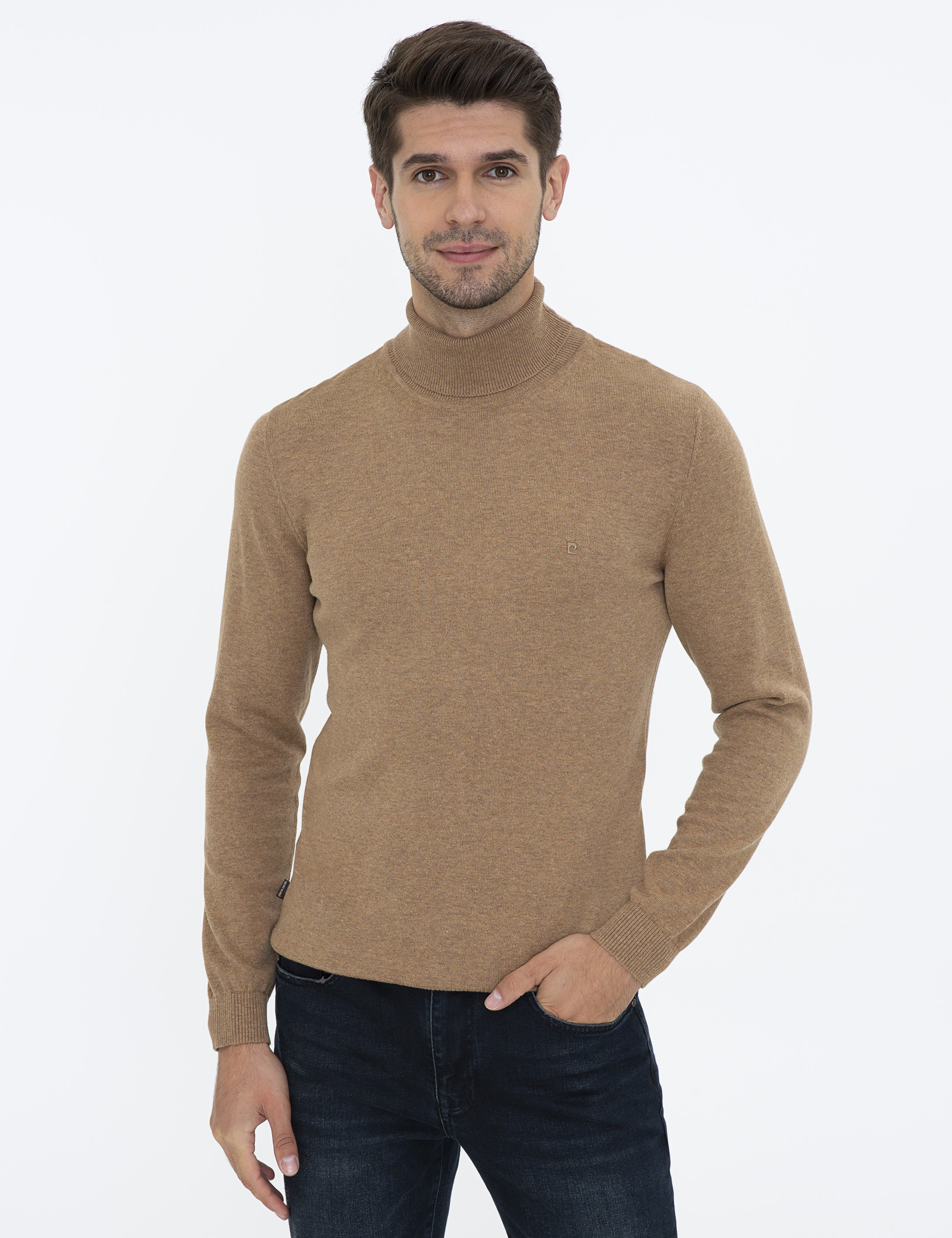 Camel Melanj Slim Fit Balıkçı Yaka Basic Triko Kazak - Image 1