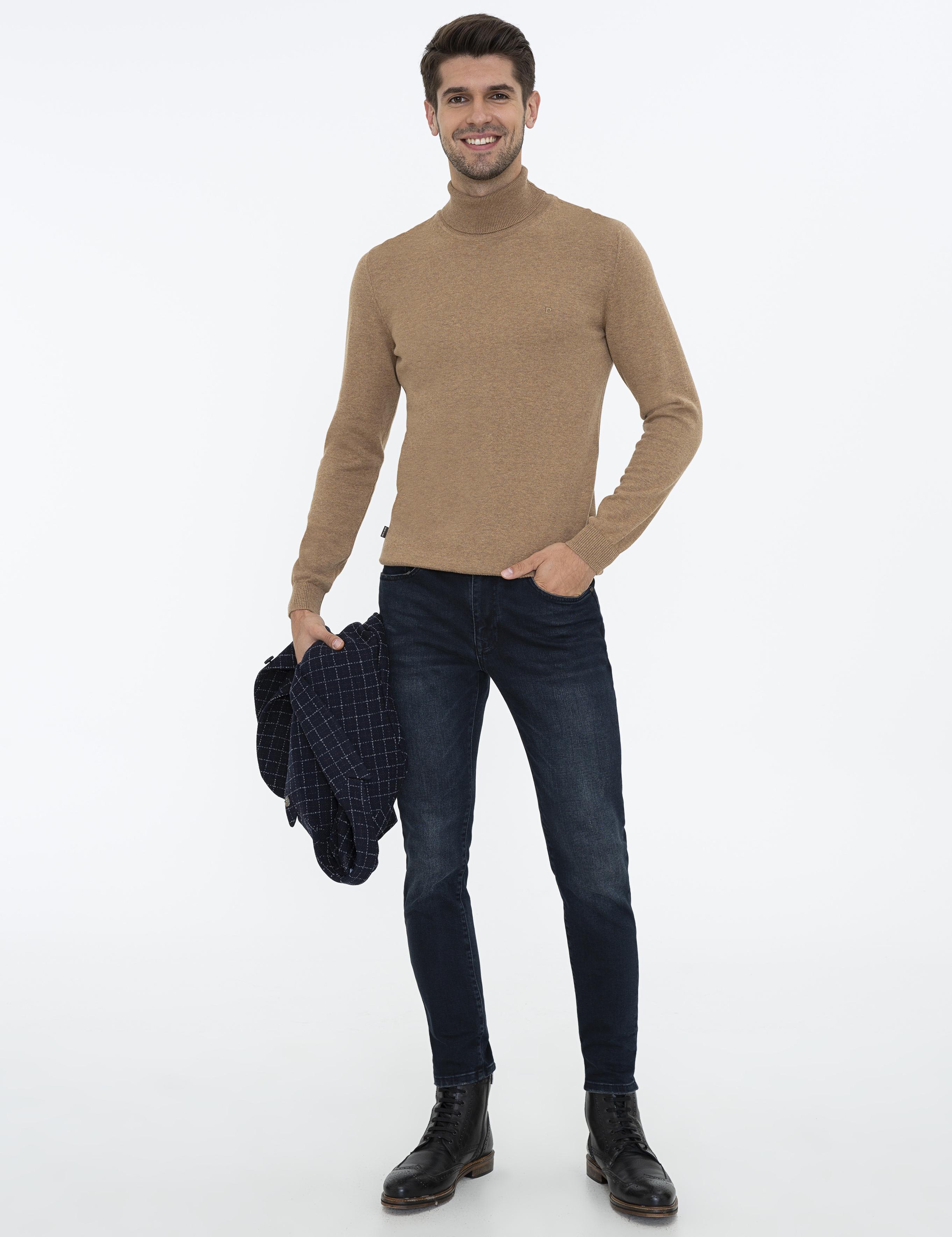 Camel Melanj Slim Fit Balıkçı Yaka Basic Triko Kazak