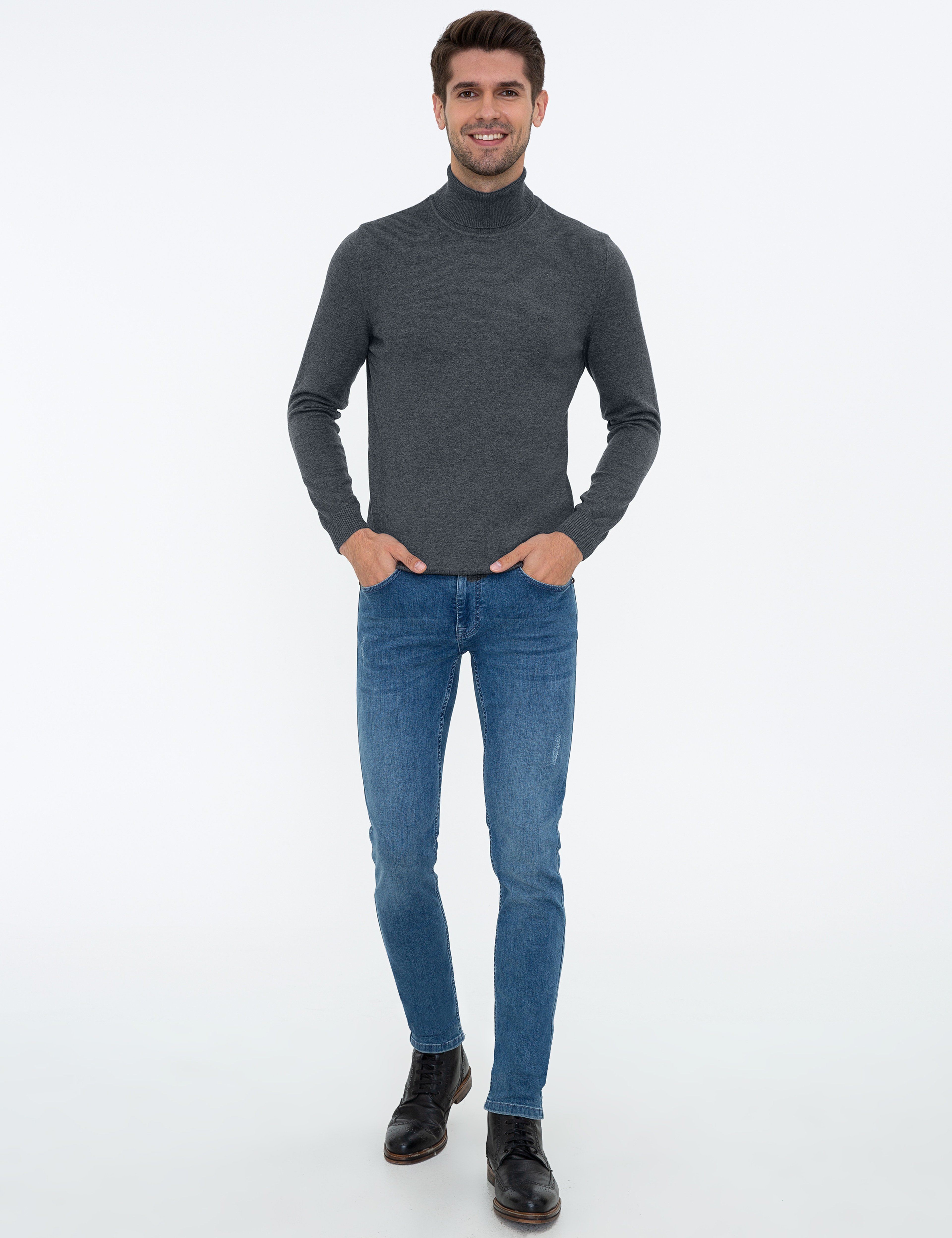 Gri Melanj Slim Fit Balıkçı Yaka Basic Triko Kazak