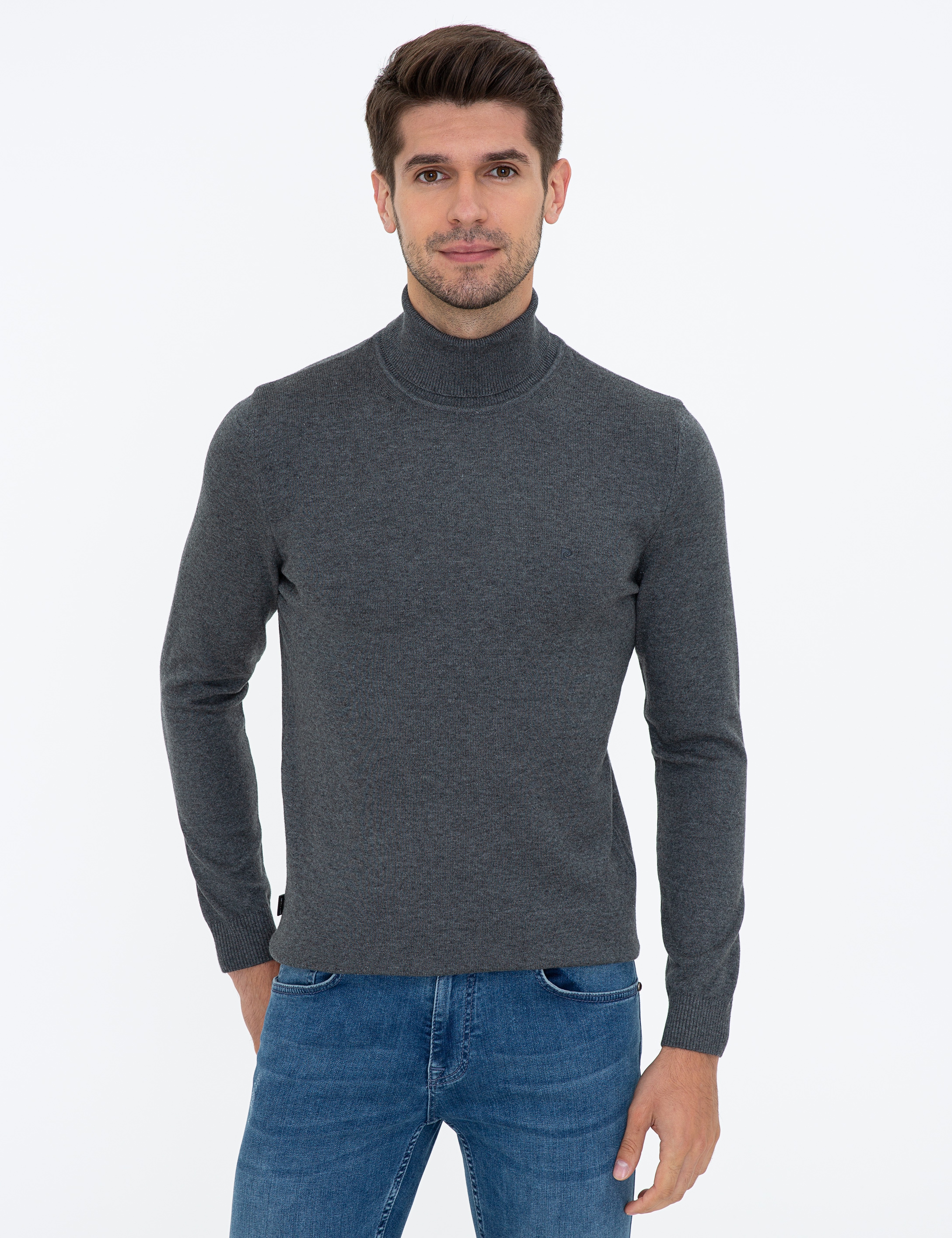 Gri Melanj Slim Fit Balıkçı Yaka Basic Triko Kazak - Image 1