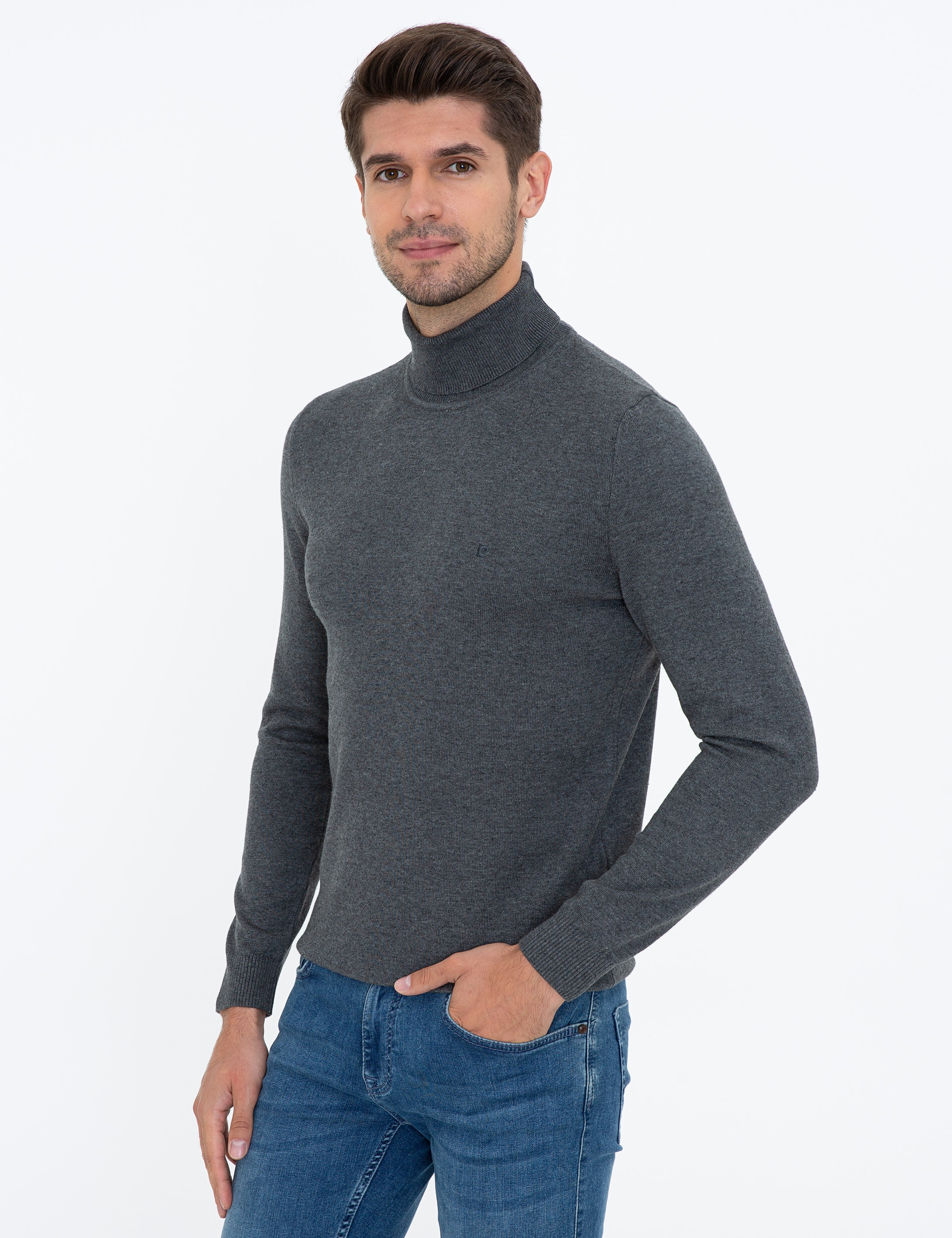 Gri Melanj Slim Fit Balıkçı Yaka Basic Triko Kazak - Image 3