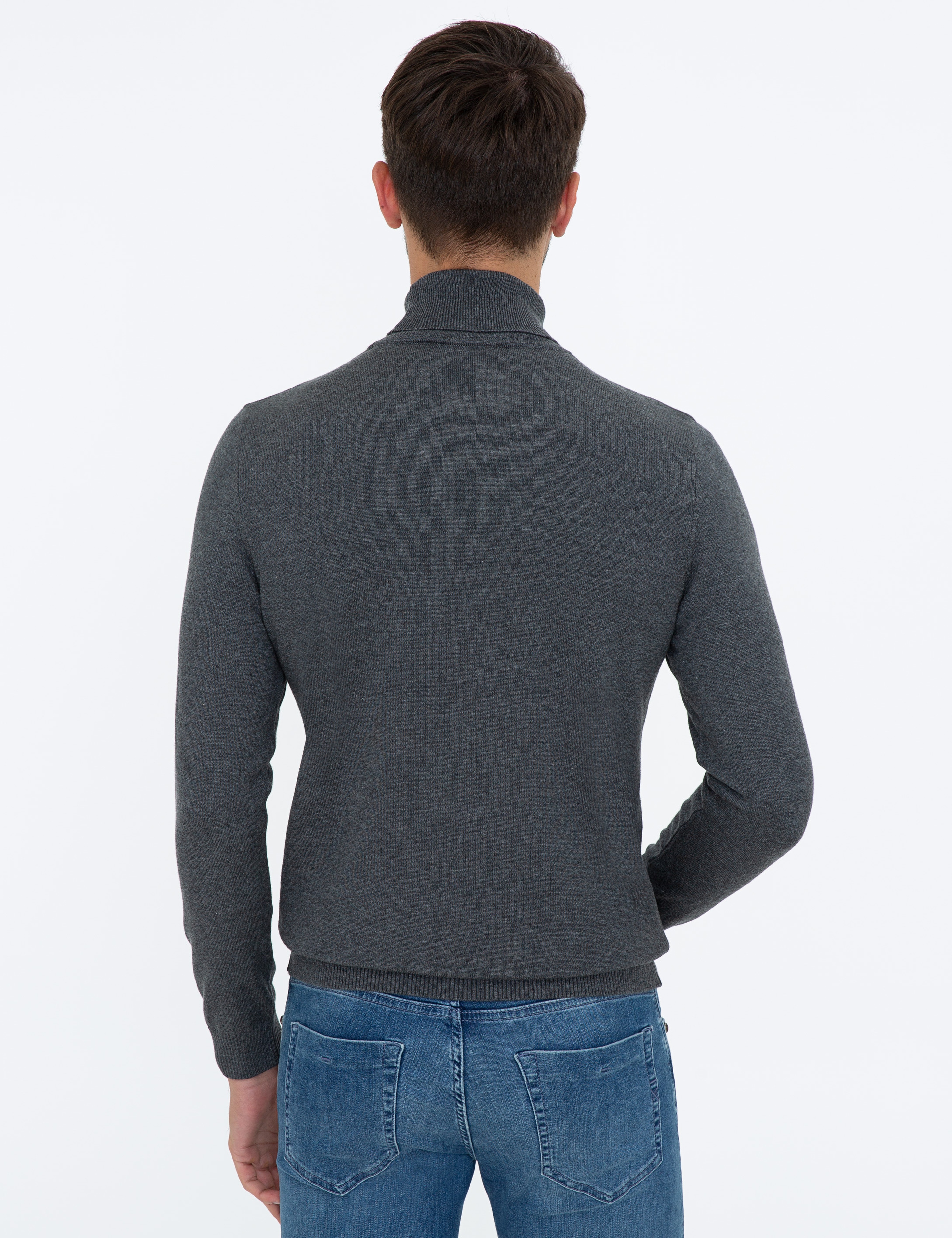 Gri Melanj Slim Fit Balıkçı Yaka Basic Triko Kazak - Image 4